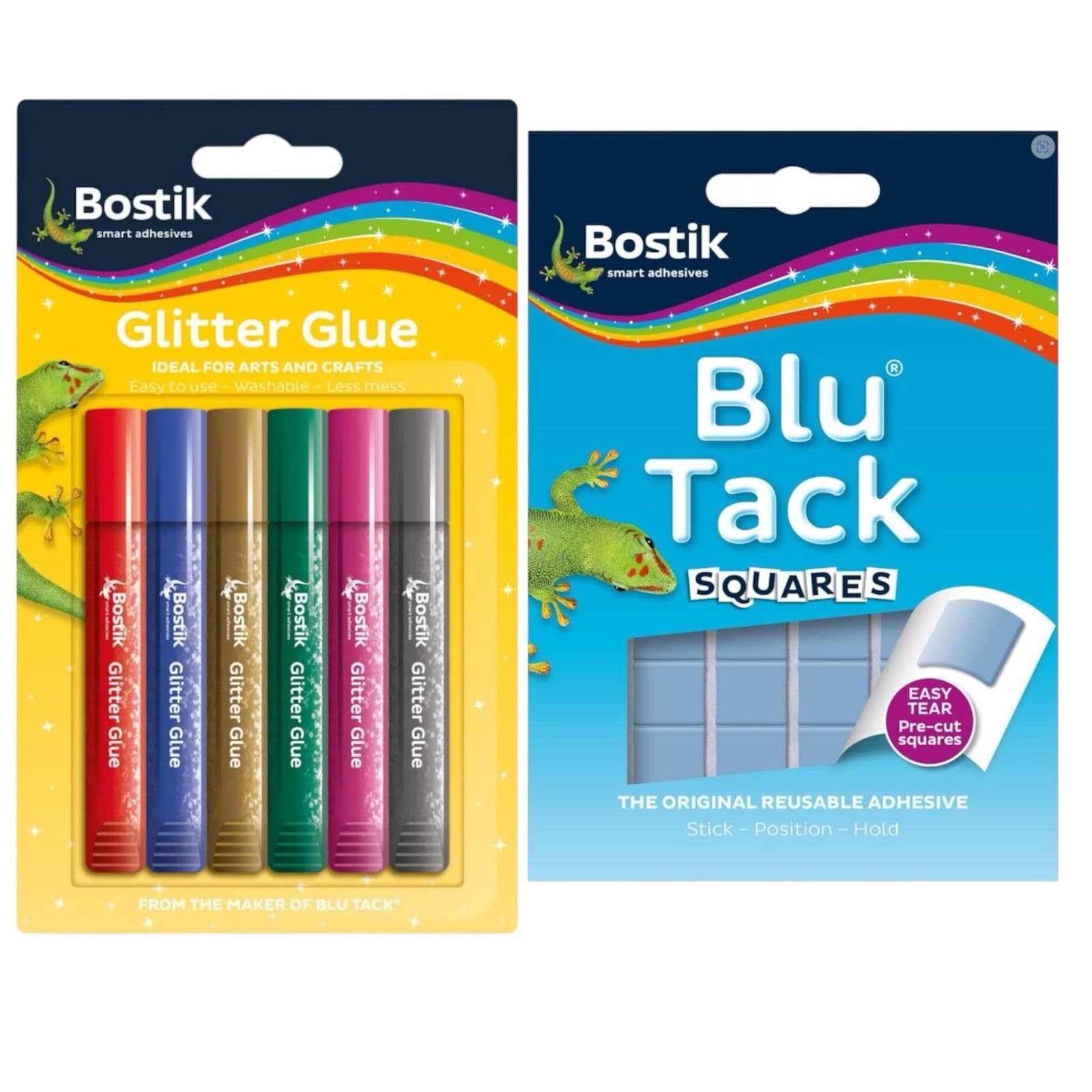 Bostik Blu Tack Handy Pack 45g, Putty Reusable Adhesive Non Toxic + Bostik Glitter Glue Pens for Crafts 6 Vibrant Colours.Washable, Non-Toxic & Mess-Free Kids Art Supplies. Easy Squeeze Gel