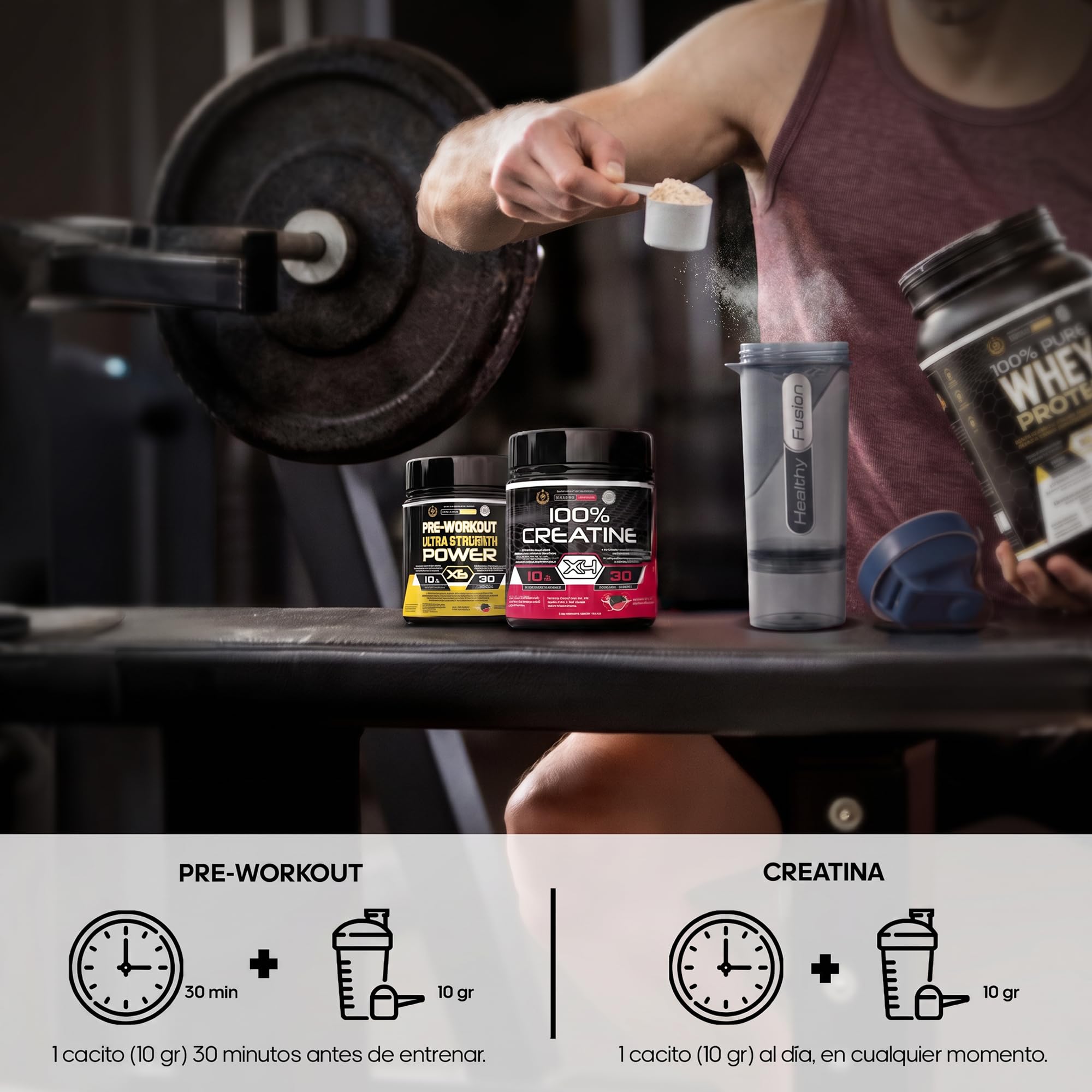 Healthy Fusion Pack Creatina Monohidrato Micronizada 300 g Sabor Sandía + Pre-Workout 300 g Sandía | Beta-Alanina, Taurina y Cafeína | Fuerza, Energía, Alta Solubilidad, Rendimiento Físico
