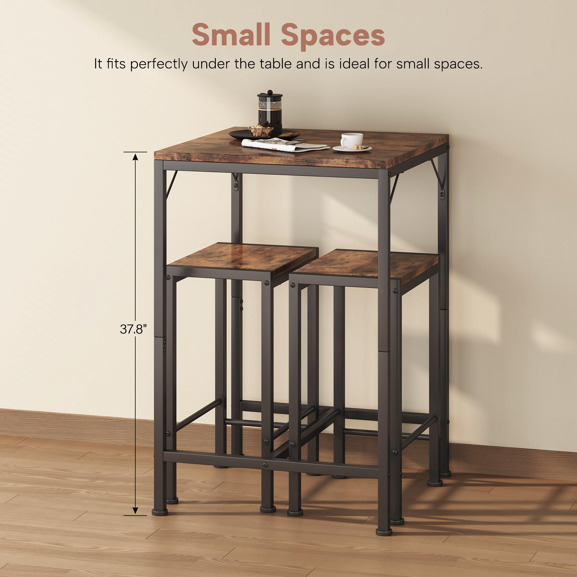 Juego de mesa y sillas de bar, mesa de bar cuadrada con 2 taburetes, juego de comedor que ahorra espacio para 2, perfecto para cocina, rincón de desayuno, sala de estar y espacios pequeños 3