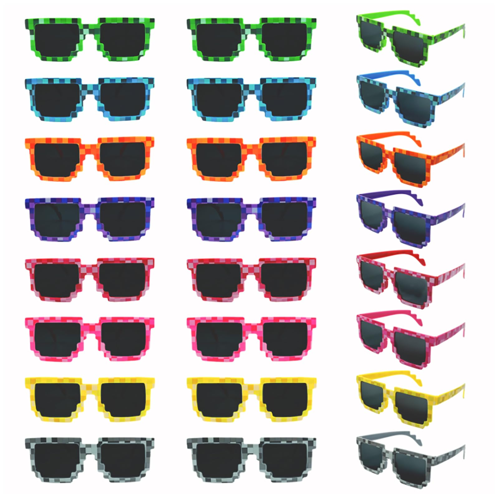 24 Pack Pixel Sunglasses, 8 Colors Video Game Style Glasses Party Favors for Birthday Parties Photo Props, Pixelated Gamer Eyewear for Boys Girls Kids