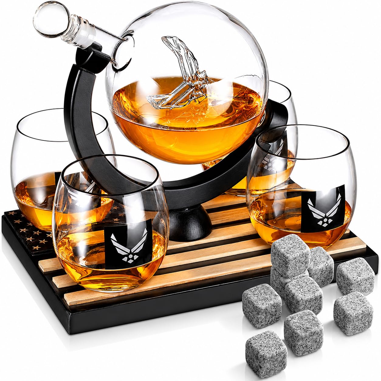 Airforce Whiskey Decanter Set with 4 Liquor Glasses Air Force Whisky Decanter &amp; Glass Set with Wood Base &amp; 9 Whiskey Stones - US Airforce Gift for Men - Globe Bourbon &amp; Scotch HIm Men