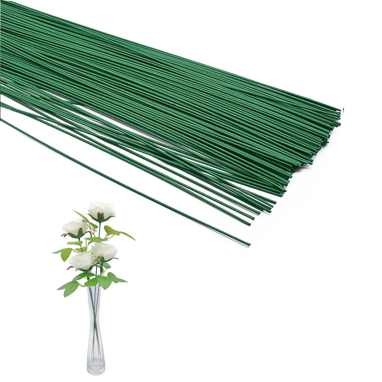 50pcs Floral Wire Stems, 2 Gauge Flower Stems, 16 Inch Green Floral Stem Wire for Paper Wrapped Wreath Making Supplies.
