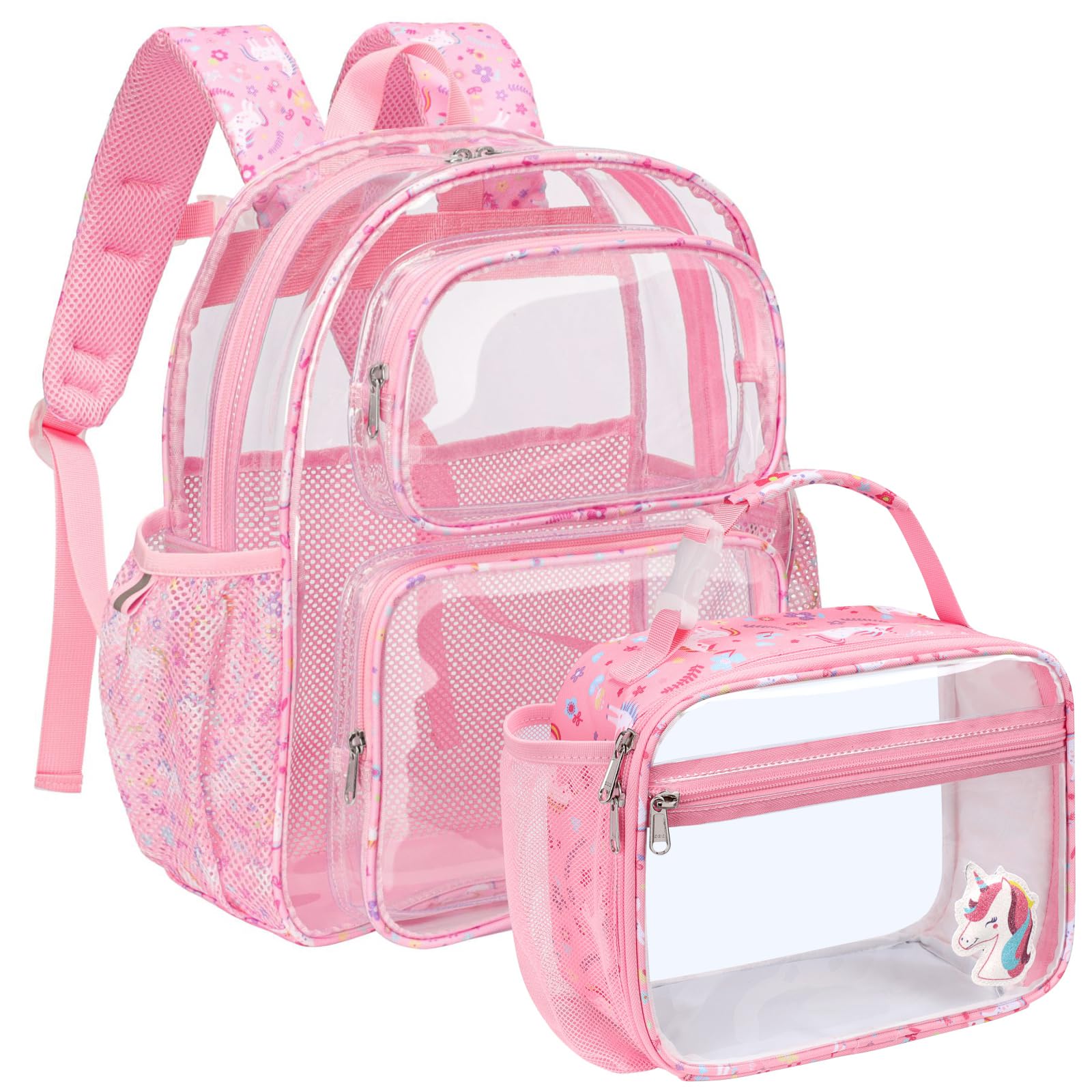 Bagseri 2pcs Clear Backpack for Girls - 15 Inch School Bag with Clear Lunch Bag, Heavy Duty Transparent Bookbag for Kindergarten to Grade 2, Fits