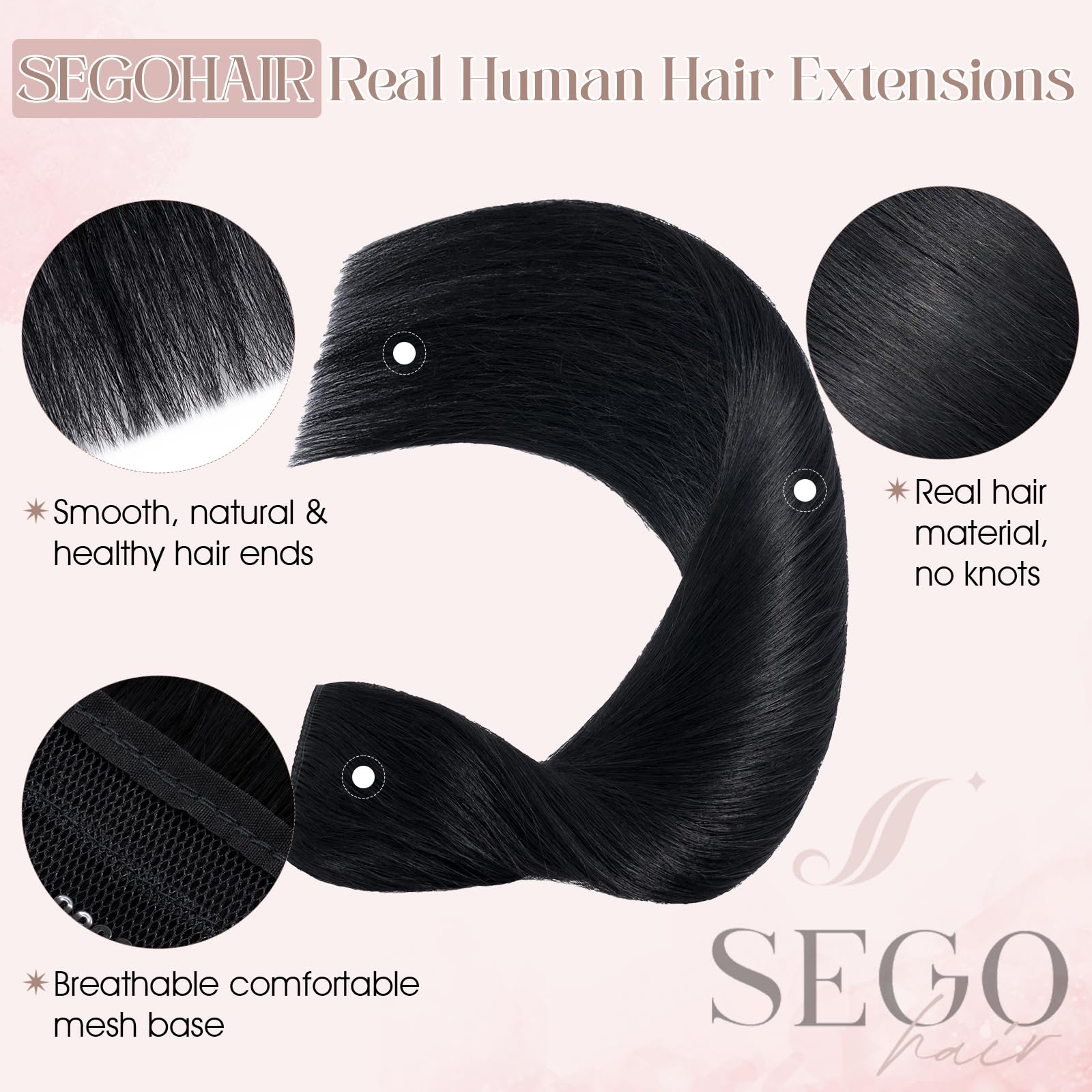 SEGOHAIR Clip in Hair Extensions Real Human Hair, 18" Hair Extensions Clip in One Piece 5 Clips Remy Seamless (50g) Jet Black - Image 3
