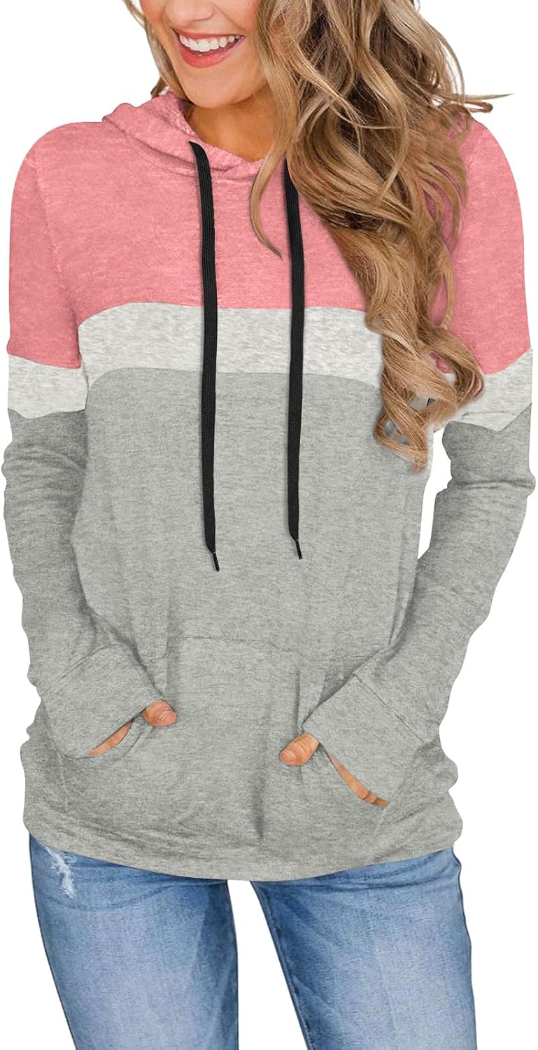 CATHY Womens Long Sleeve Hoodies Tops Casual Color Block Sweatshirts Comfy Drawstring Pullover with Pocket