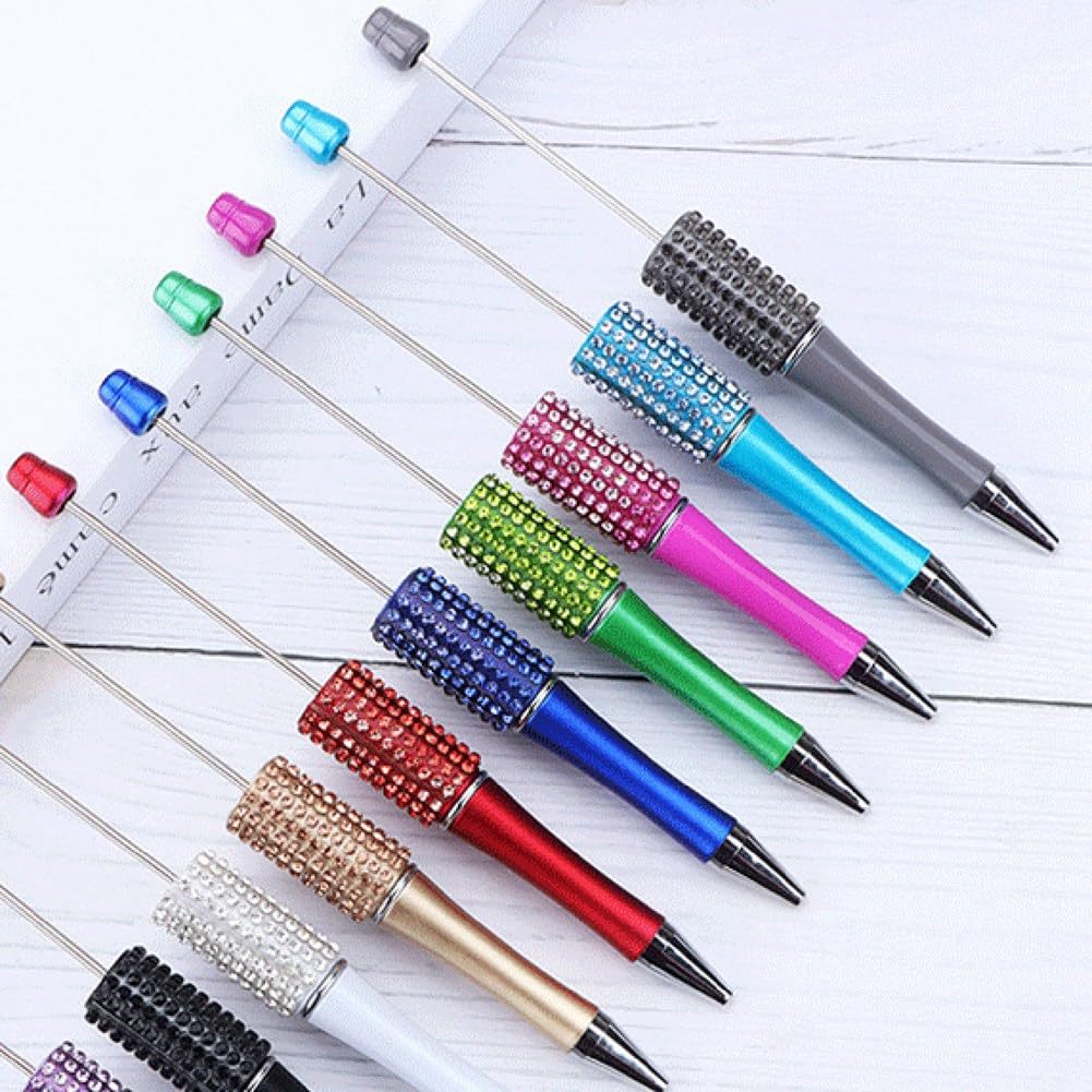 SUNNYCLUE 8Pcs Colorful Beadable Pens Plastic Bead Pen Bulk Assorted Bling Diamond Rhinestone Beaded Ballpoint Retractable Creative Gem Beads Pens Set For Making DIY Crafts Gift School Office Supplies