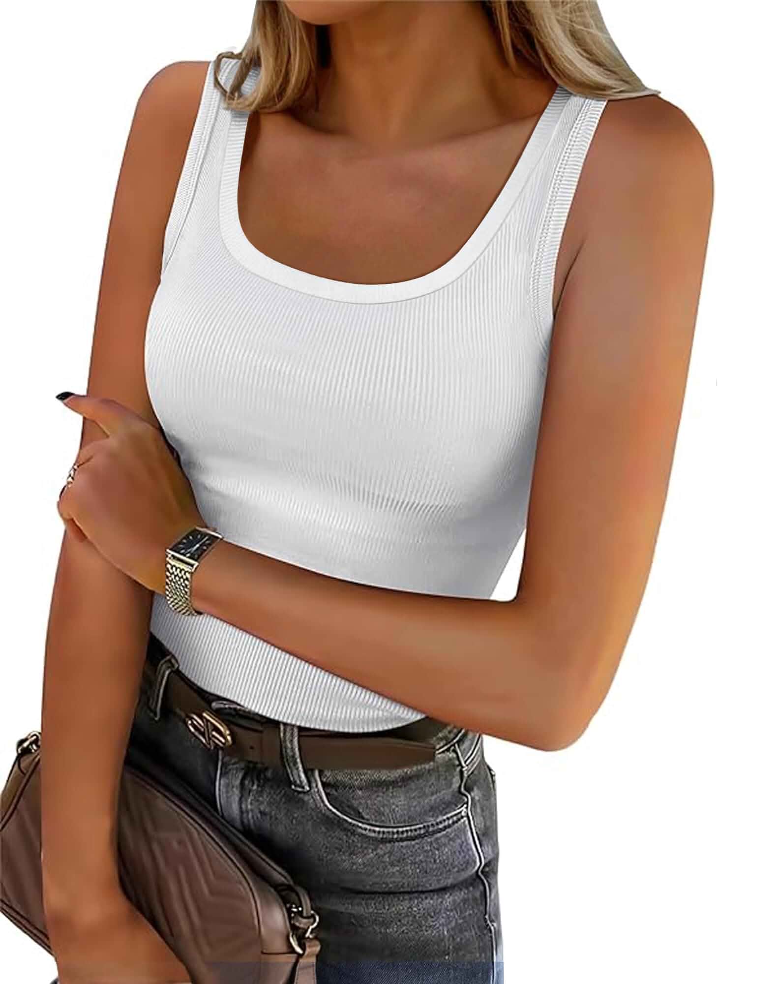 Roselux Women's Sleeveless Scoop Neck Fitted Tank Top Ribbed Knit Casual Basic Cami Shirts Fitted