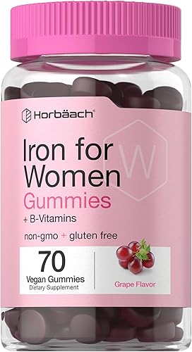 Horbaach - Gomitas de hierro para mujer, suplemento con vitaminas B, 70 unidades, sabor a uva, vegano, sin OMG y sin gluten