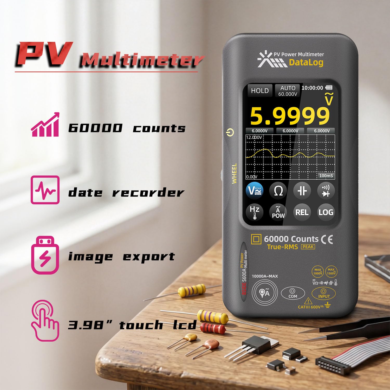 BSIDE S600A Professional Multimeter 60000 Zählungen Touchscreen, Digital und Grafisches Multimeter TRMS 1500V 10000A mit Leistungsmessung & REL Messung, Datenlogger, Flexibler Stromzange
