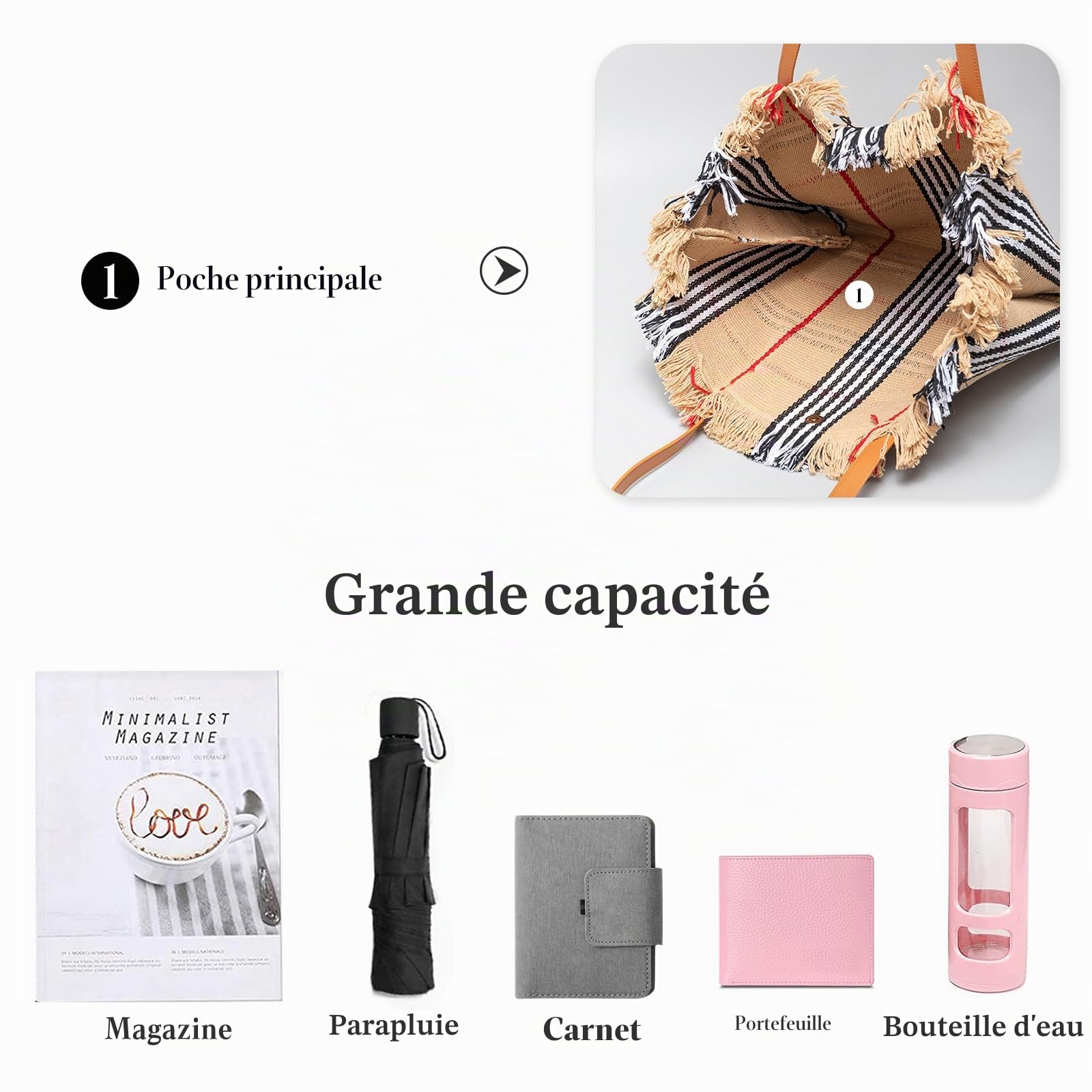 CORIOS Sac à Main Femmes Grande Capacité Sac de Plage Sacs Portés Épaule en Toile Occasionnel Sac Fourre Bohème Sacs Cabas Leicht Sac D'épaule avec Glands pour Plage Vacances Rayures Kaki et Noires
