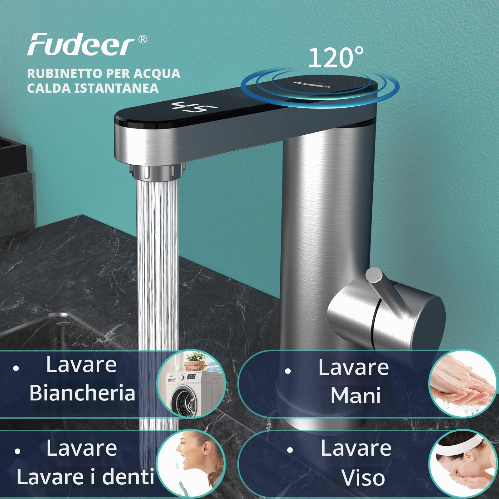 rubinetto con scaldabagno 230V, 3.3KW Rubinetto elettrico per bagno con display digitale (30-45℃), Riscaldamento rapido, Beccuccio girevole a 120°, Acciaio inossidabile 304 (Argento)