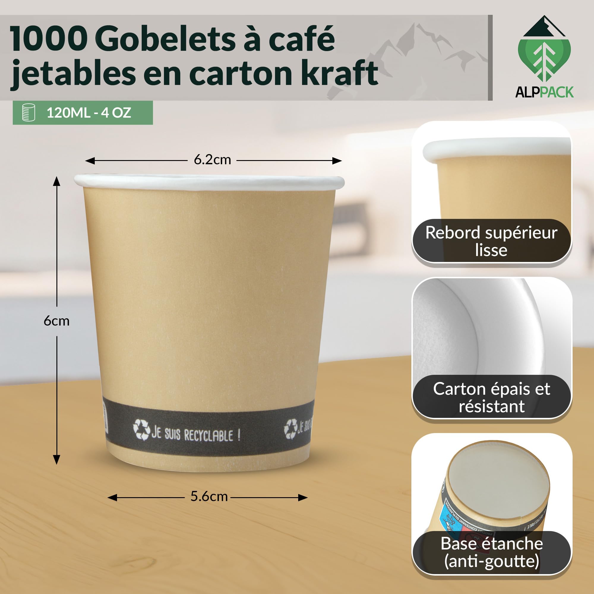 Lot de 1000 Gobelets Jetables en Carton Kraft 4 oz / 12 cl – Tasses à Café Jetables pour Espresso et Café Court, Résistants à la Chaleur, Idéals pour Professionnels, Bureaux et Événements