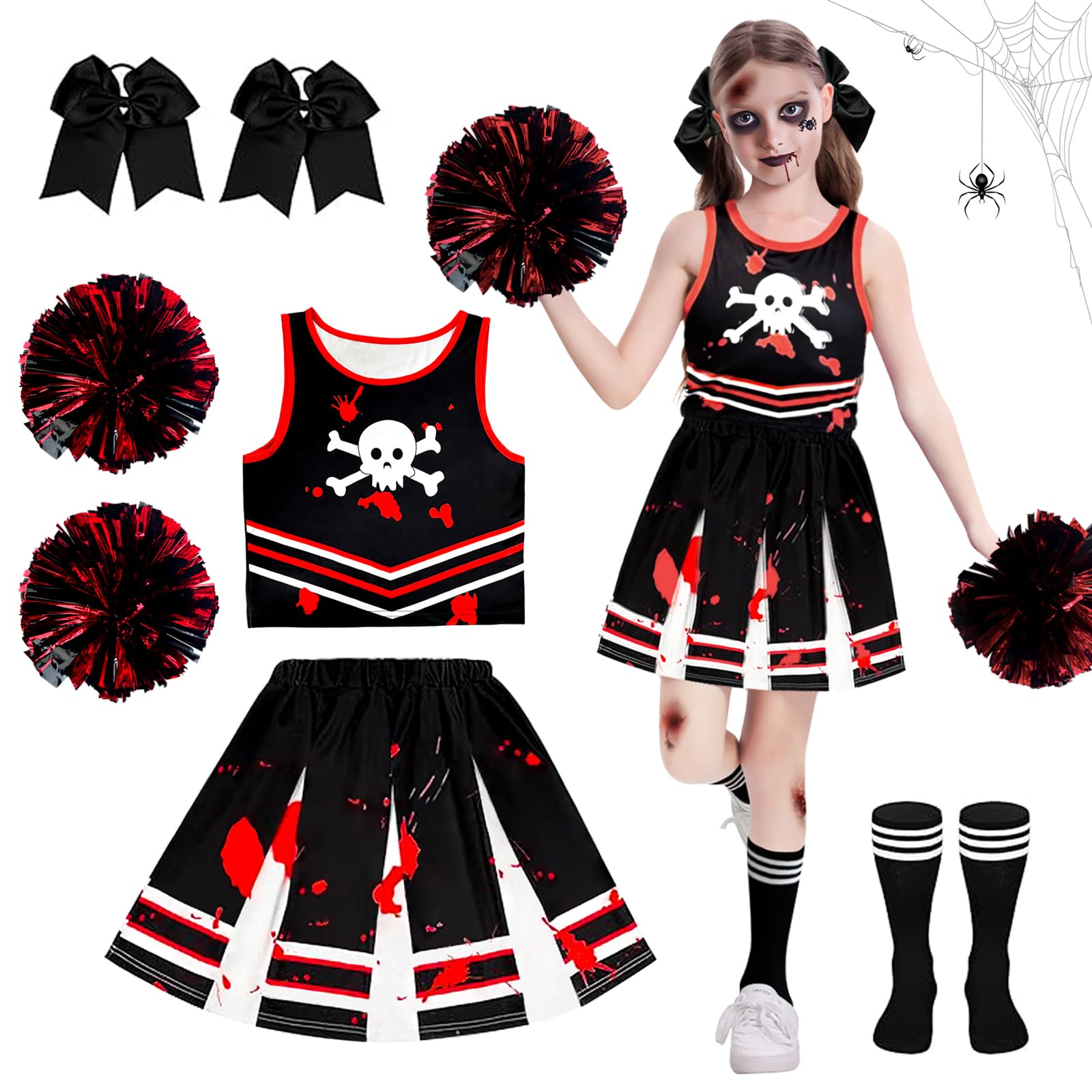 Disfraz De Animadora Zombie Para Niña De Halloween - Incluye Camiseta, Falda, Calcetines Manchados, Pompones Y 20 Tatuajes Temporales