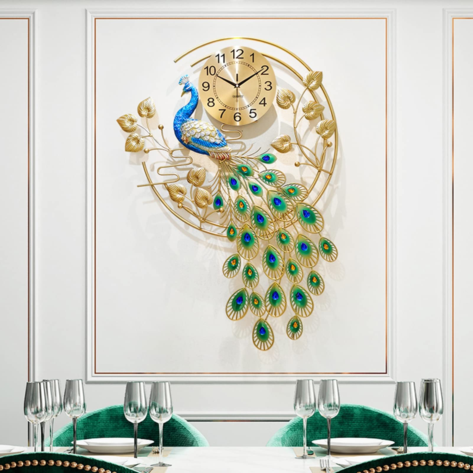 Yidax C Large Metal Peacock Wall Lock For Living Room Decor Silent Movement Bedroom Lock Wall Decoration,