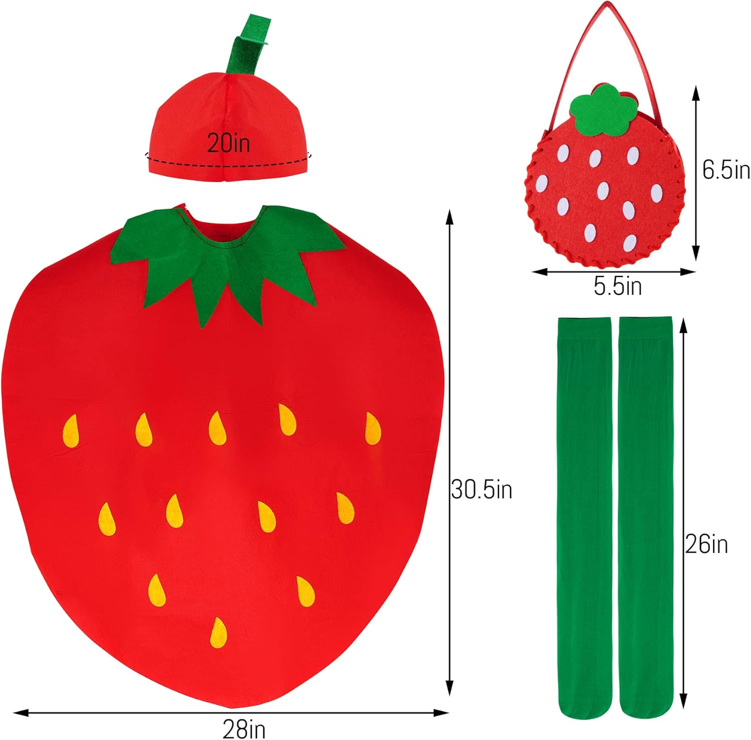 4pcs Halloween Strawberry Costume Women Adult Strawberry Costume Girl Cute Fruit Costumes with Dress Hat Bag and Sock for Halloween Cosplay Dress Up Party - Image 2