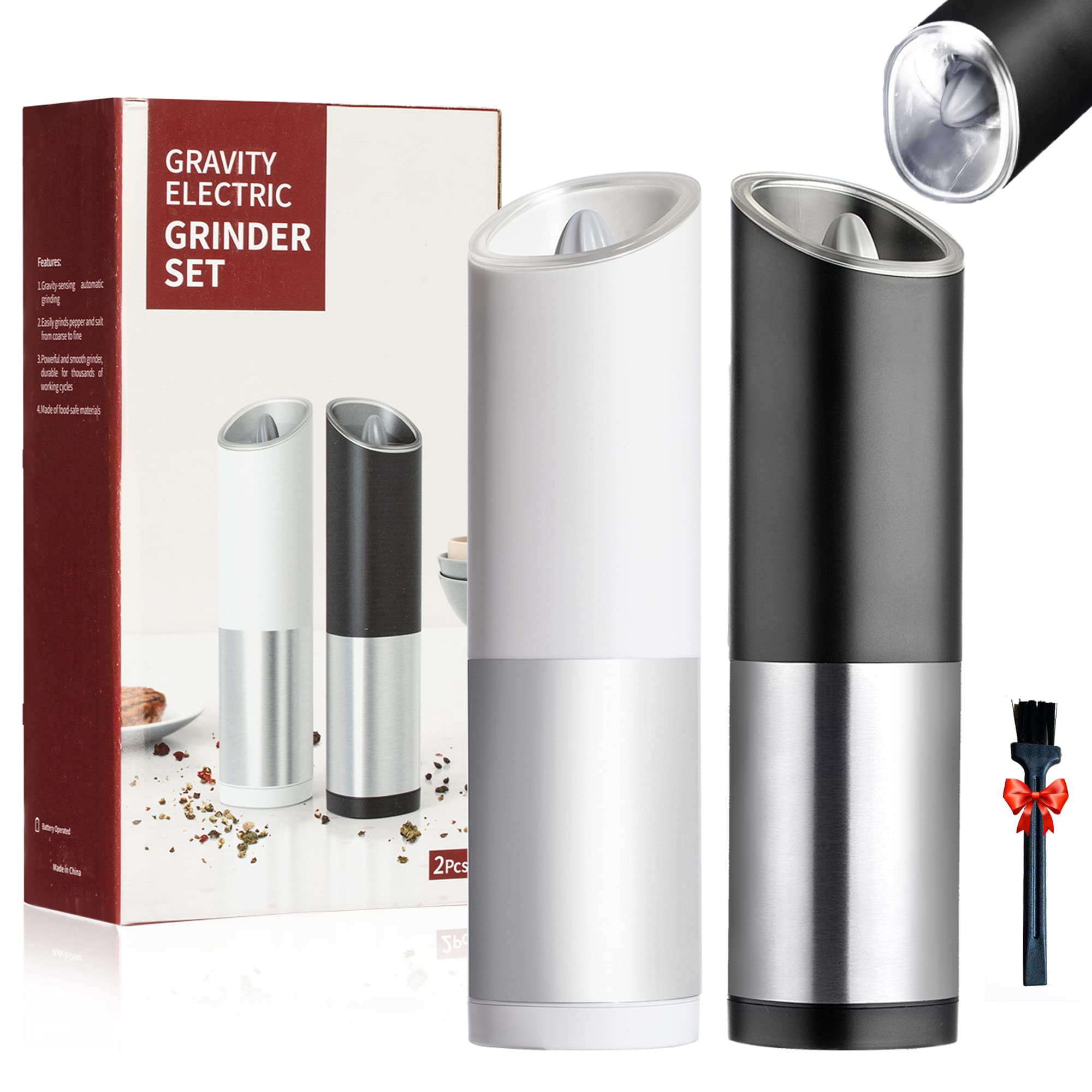 PwZzk Battery Operated Gravity Electric Pepper And Salt Grinder Mill Set With White Light Stainless Steel One Hand Automatic Operation Refillable With Adjustable Coarseness (Black&white,2 Pack)