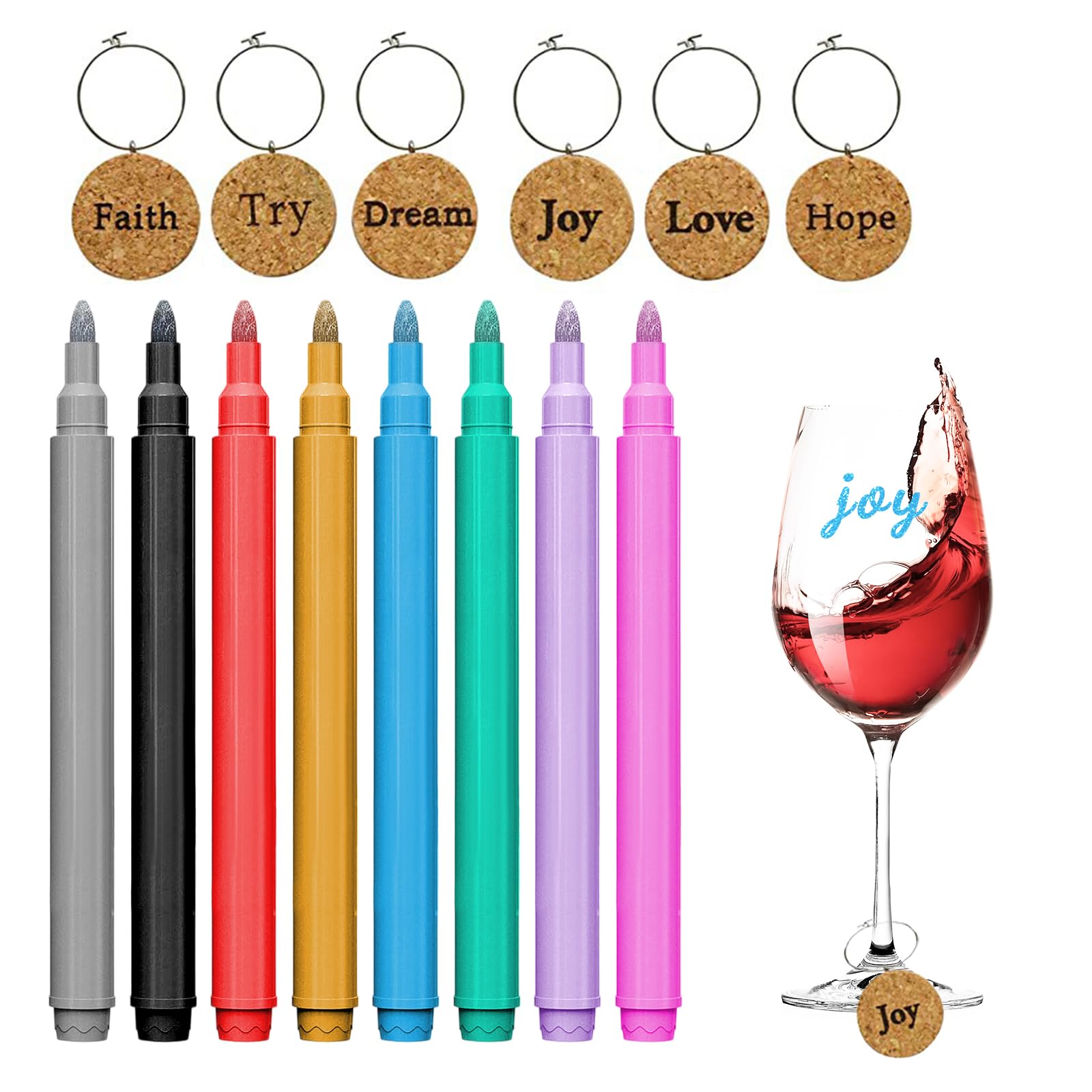 14 Teiliges Set Weinglas-Marker, 8 Glasstifte mit abwaschbarer Tinte & 6 Weinglas-Schmuck-Hänger, Spülmaschinenfest Ungiftig, Ideal für Partys Feiern Geburtstage Hochzeiten