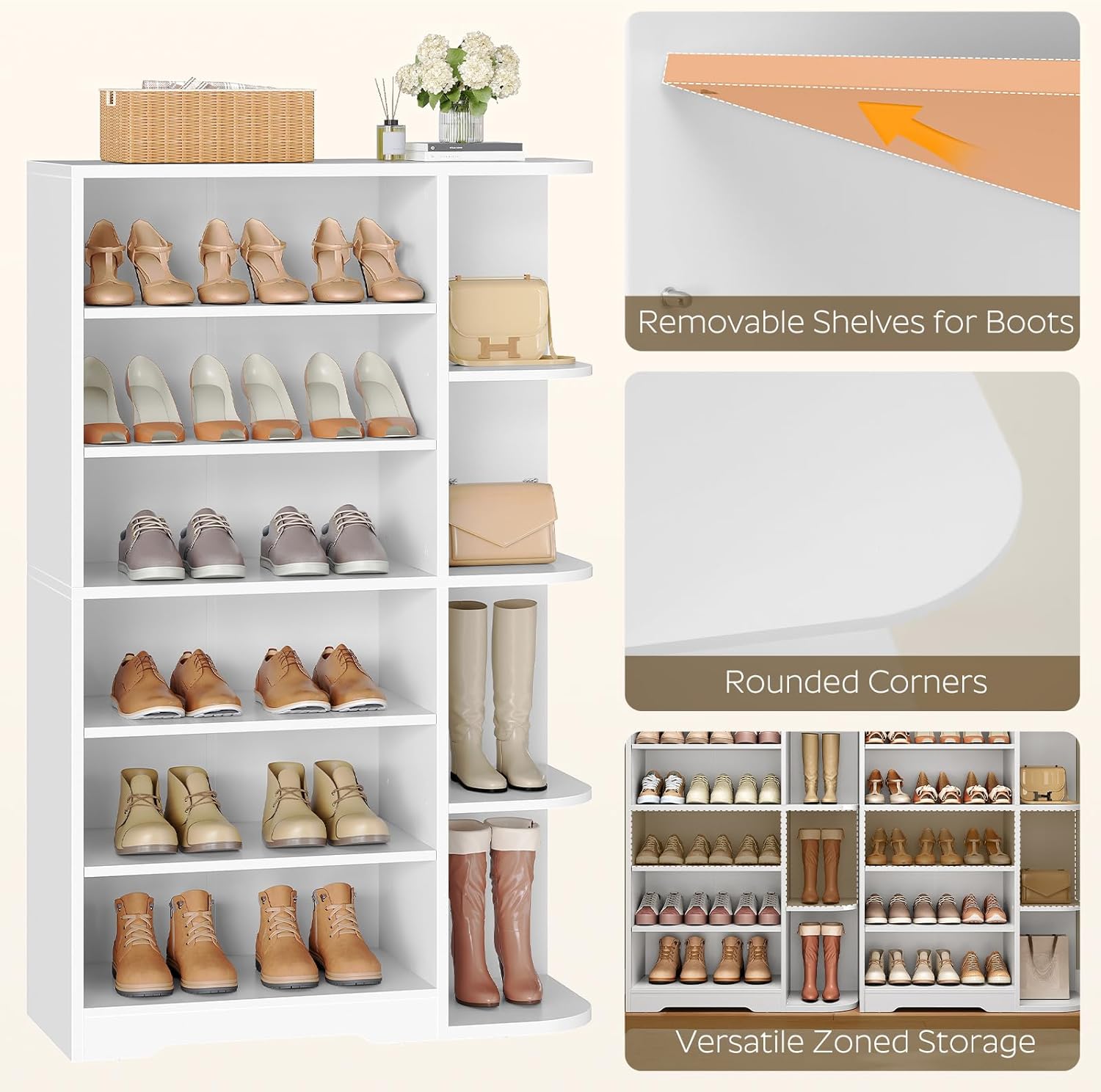 Tall Shoe Rack, Multifunctional Shoe Cabinet with Open Storage, Entryway Shoe Organizer for Closet, 7-Tier Wooden Shoe Storage Cabinet with Adjustable Shelves, White SC02WT