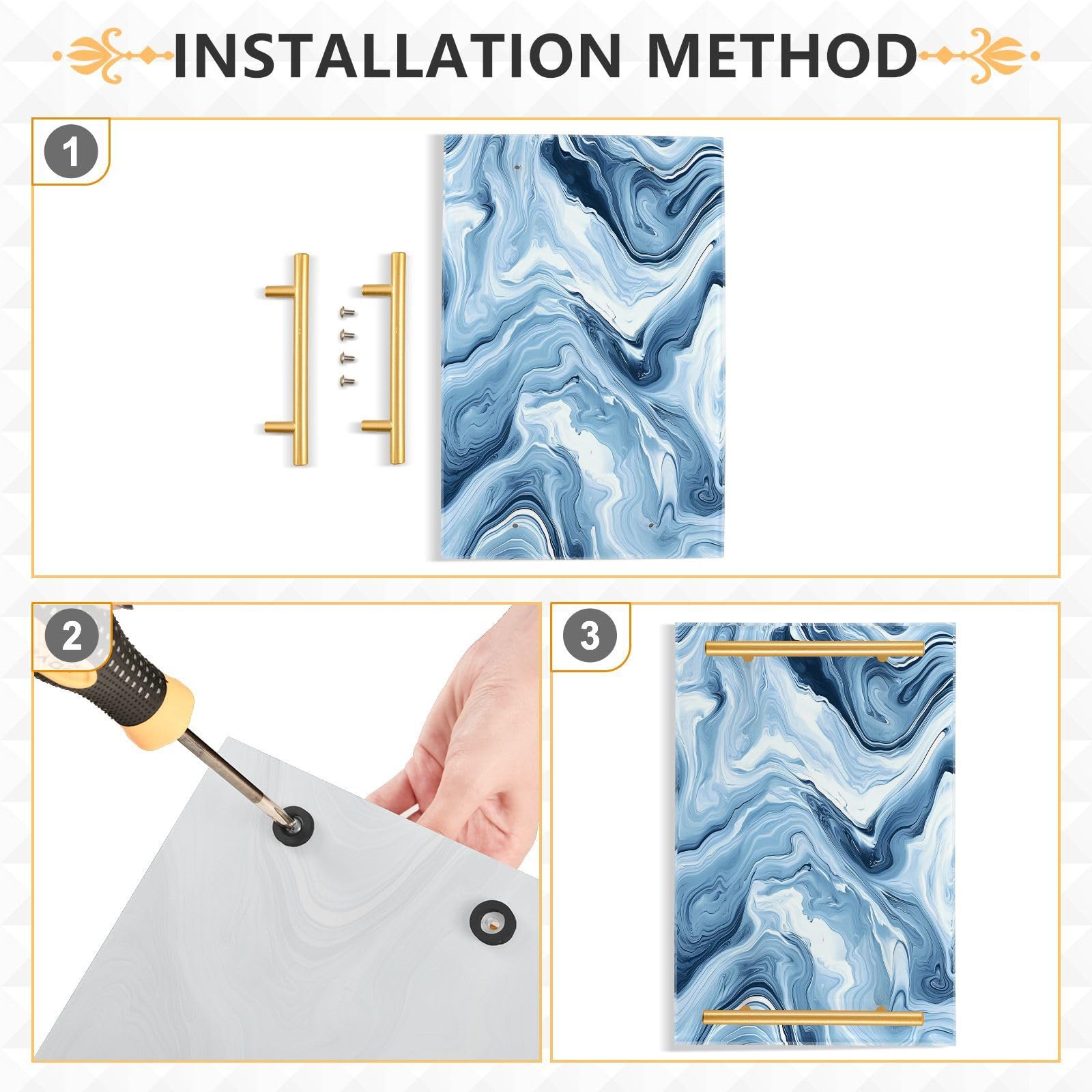 GUIJI Marble Texture Acrylic Tray, Perfume Cosmetic Jewelry Decorative Trays Bathtub Organizer, Living Room Kitchen Serving Tray with Gold Handles