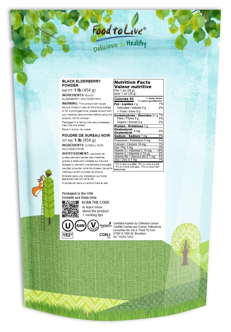 Food to Live Black Elderberry Juice Powder, 1 Pound - Raw Dried Berries, Unsulfured, Vegan, Bulk, For Baking, Juices, Smoothies, Yogurts, Instant Breakfast Drinks, No Sulphites, Contains Maltodextrin