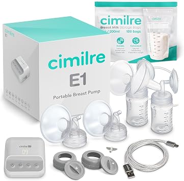 E1 Portable Breast Pump & Breast Milk Storage Bags Bundle Compact Double Electric Pump with 120 Leak-Proof 7oz Bags for On-The-Go Pumping & Milk Storage