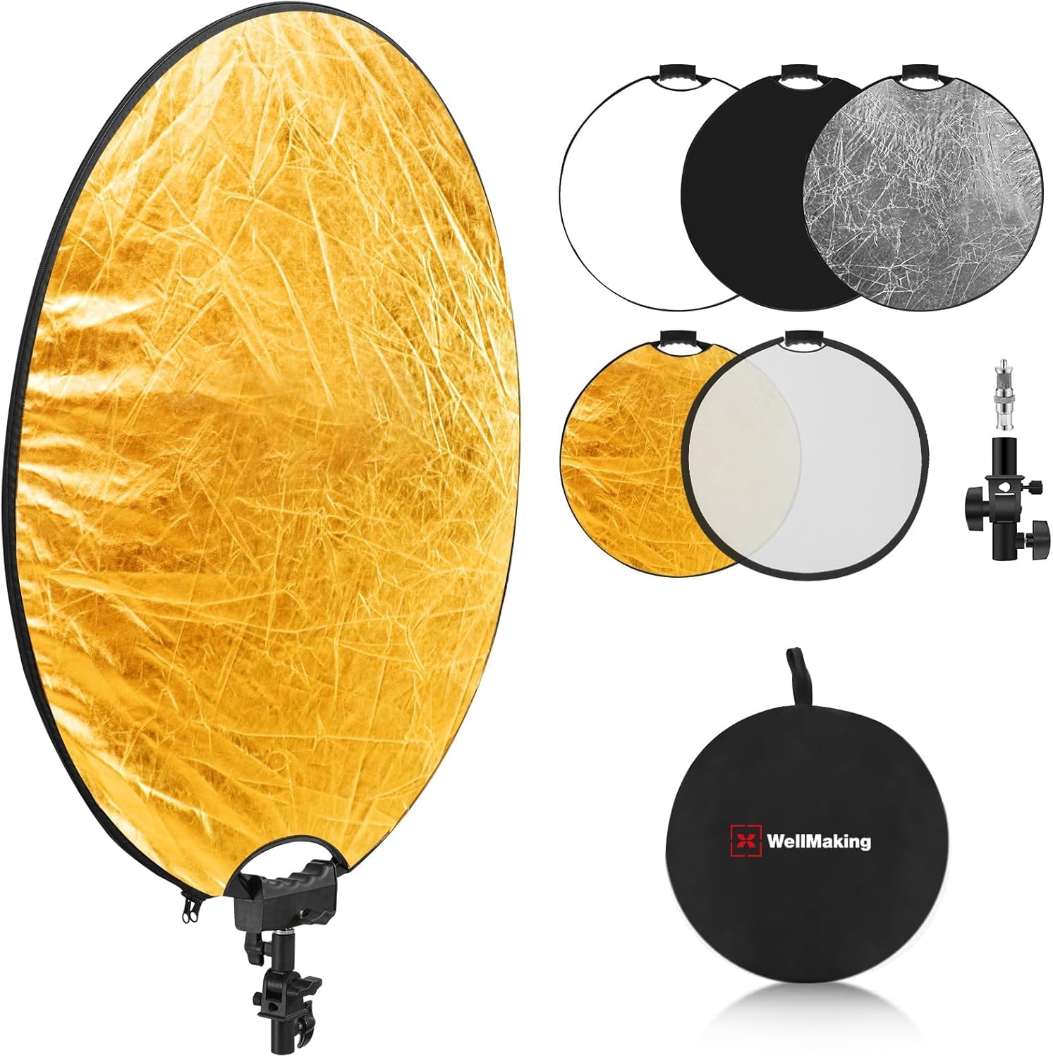 - WELLMAKING 32 Inch (80cm) Reflector Photography, Collapsible Light Reflector with Threaded Handle & tilt Adapter, 5 in 1 Handle Reflector for Lighting -Translucent, Silver, Gold, White and Black