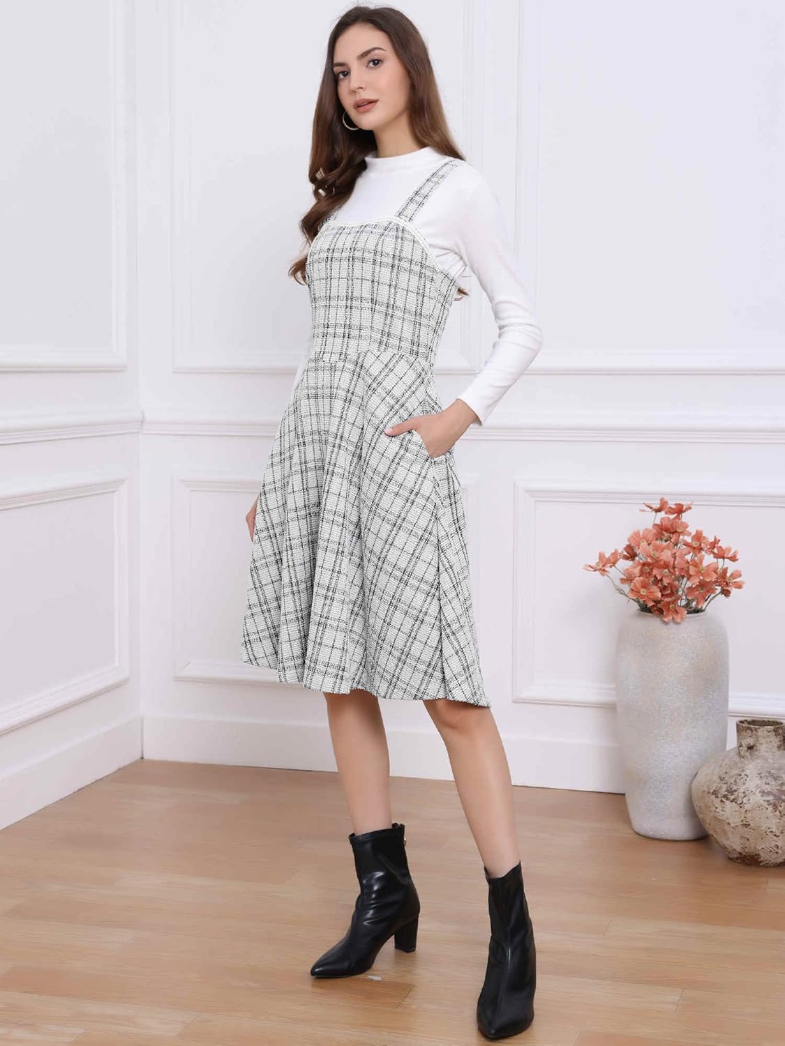 Allegra K Tweed Dress for Women's Sleeveless Square Neck Plaid A-Line Pinafore Overall Dresses - Image 4