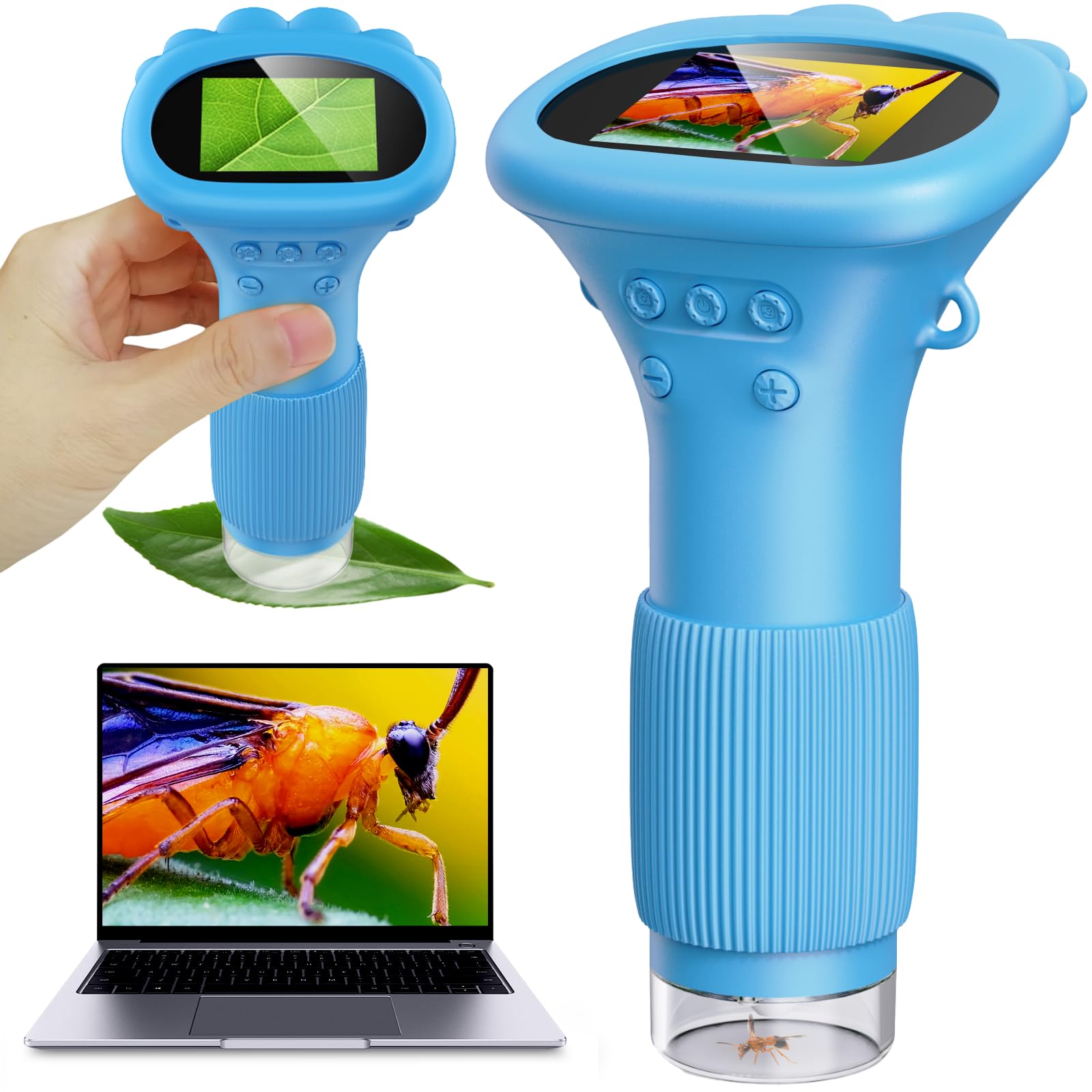 Microscope for Kids, Pocket Microscope with 2'' Inch Screen - 1000x Magnification Mini Microscope Camera with Lights, Ideal Christmas Birthday Gifts for Age 3-12 Boys -Blue