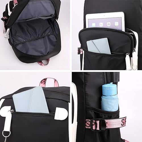 Miniatura 4 de KUJIAPIN Mochila para niños y niñas, escuela secundaria, estudiantes, mochila para exteriores, Negro Rosa, Mochilas Daypack