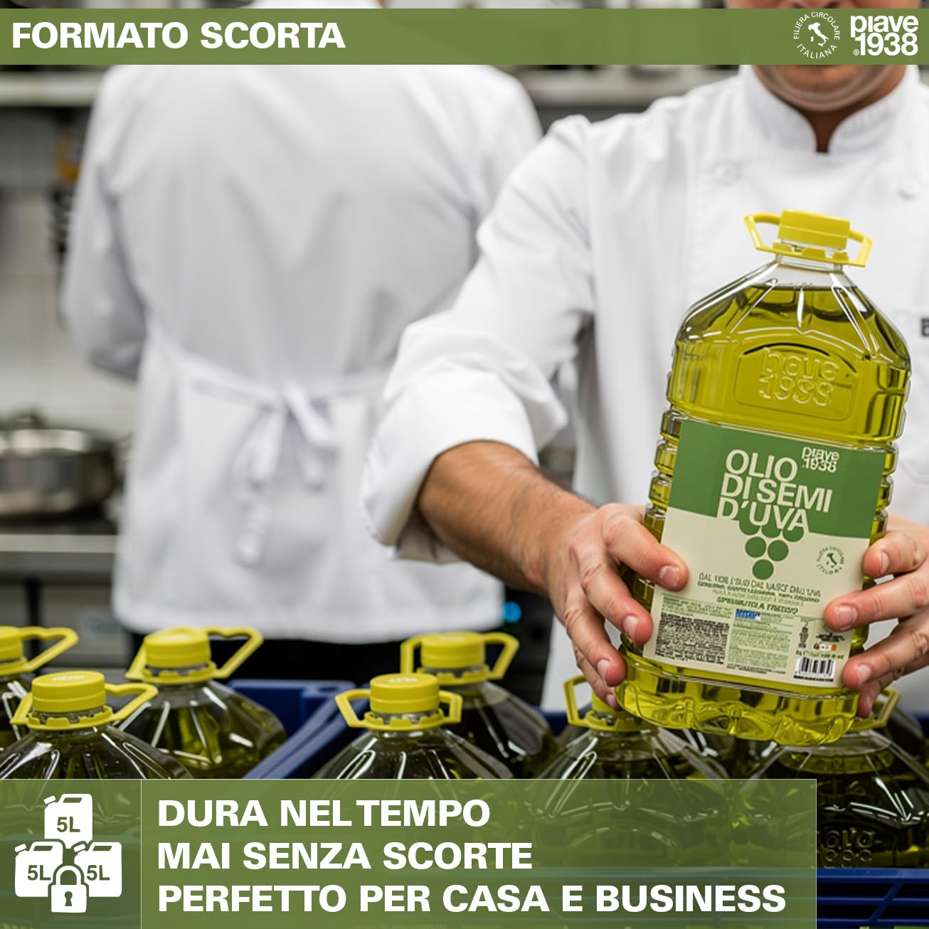 PIAVE 1938 Olio di Vinacciolo 5L Professionale - Per Ristorazione (Fritture, Dolci, Maionese) e Centri Massaggi - Alto Punto di Fumo 245°C, Olio di Semi d'Uva Puro Neutro Grape Seed Oil