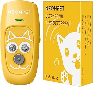 Anti Barking Device, Nzonpet Ultrasonic 3 in 1 Dog Barking Deterrent Devices, 3 Frequency Dog Training and Bark Control Device 16.4Ft Range Bright Yellow Rechargeable with LED Light and Cartoon Prints