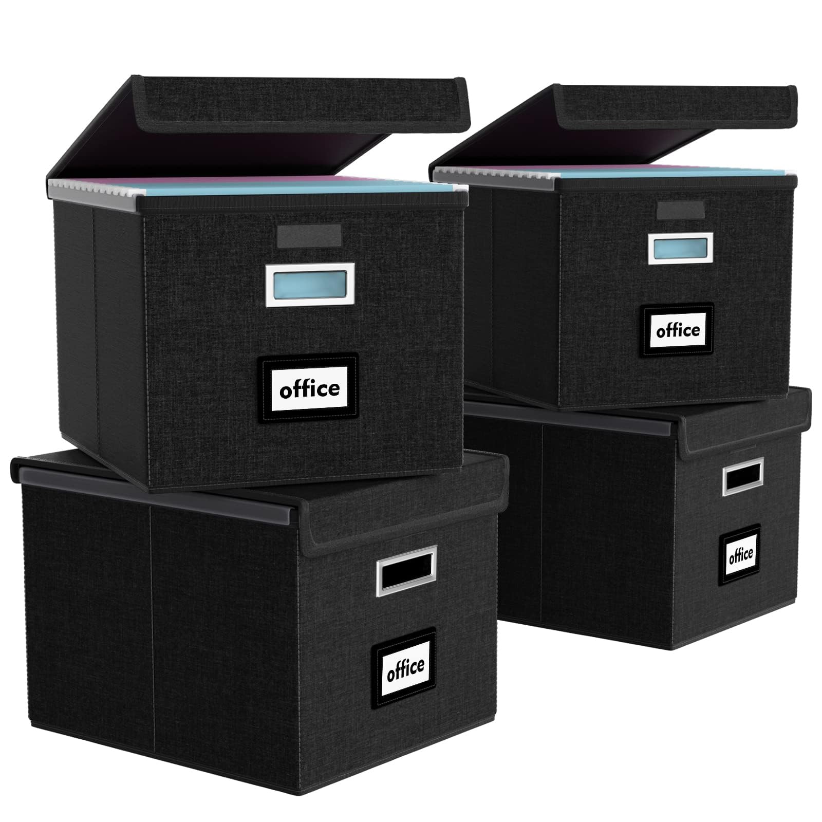 Huolewa New Portable File Organizer Boxes Set of 4, Collapsible Linen Hanging Filing Storage Boxes with Plastic Slide, Decorative Home/Office Filing System for File and Folders Storage (Black)