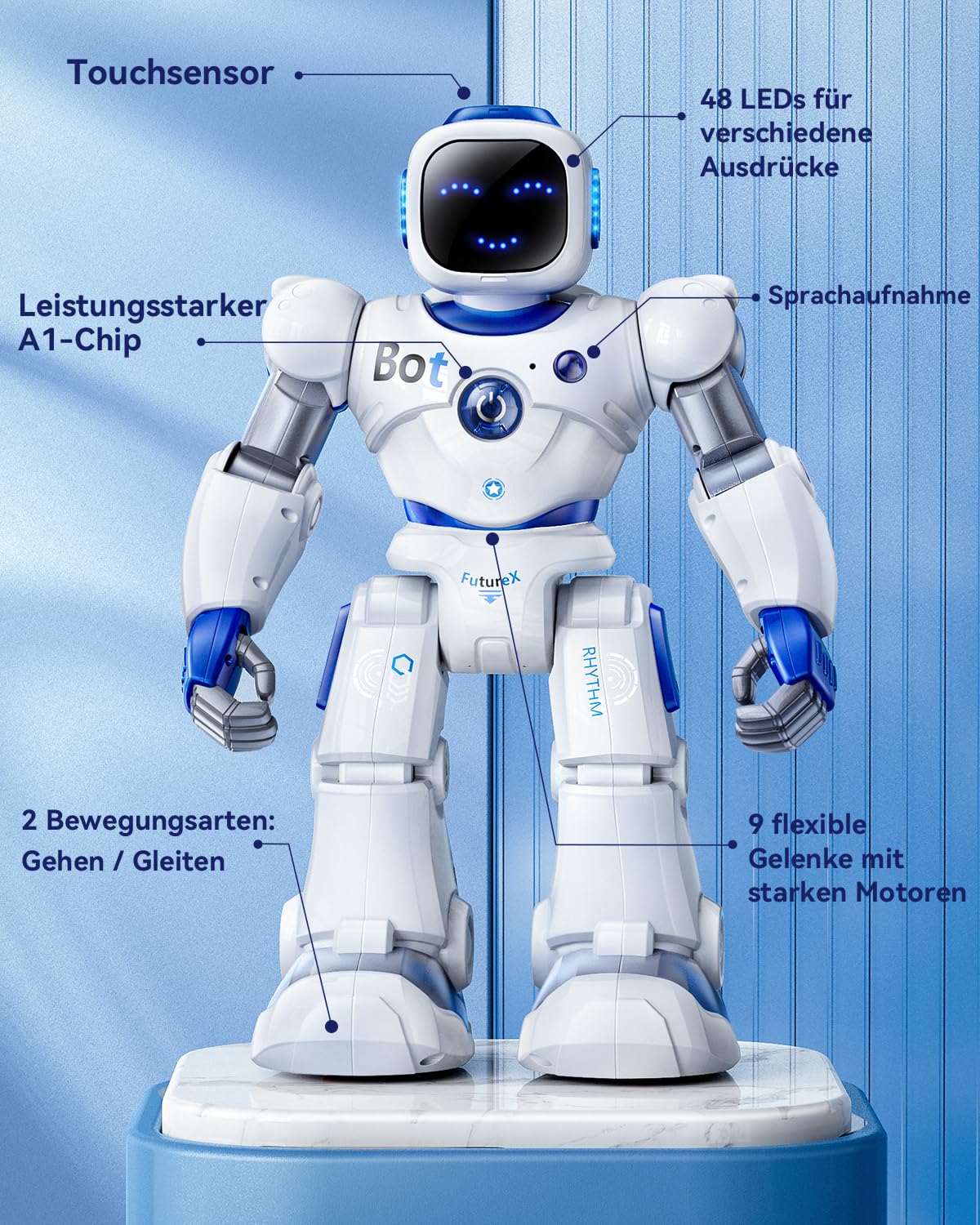 Ruko 1088 Intelligenter Roboter für Kinder, Großer programmierbarer interaktiver RC-Roboter mit Sprachsteuerung und App-Steuerung, Roboter Spielzeug für Kinder von 4–9 Jahren, Blau