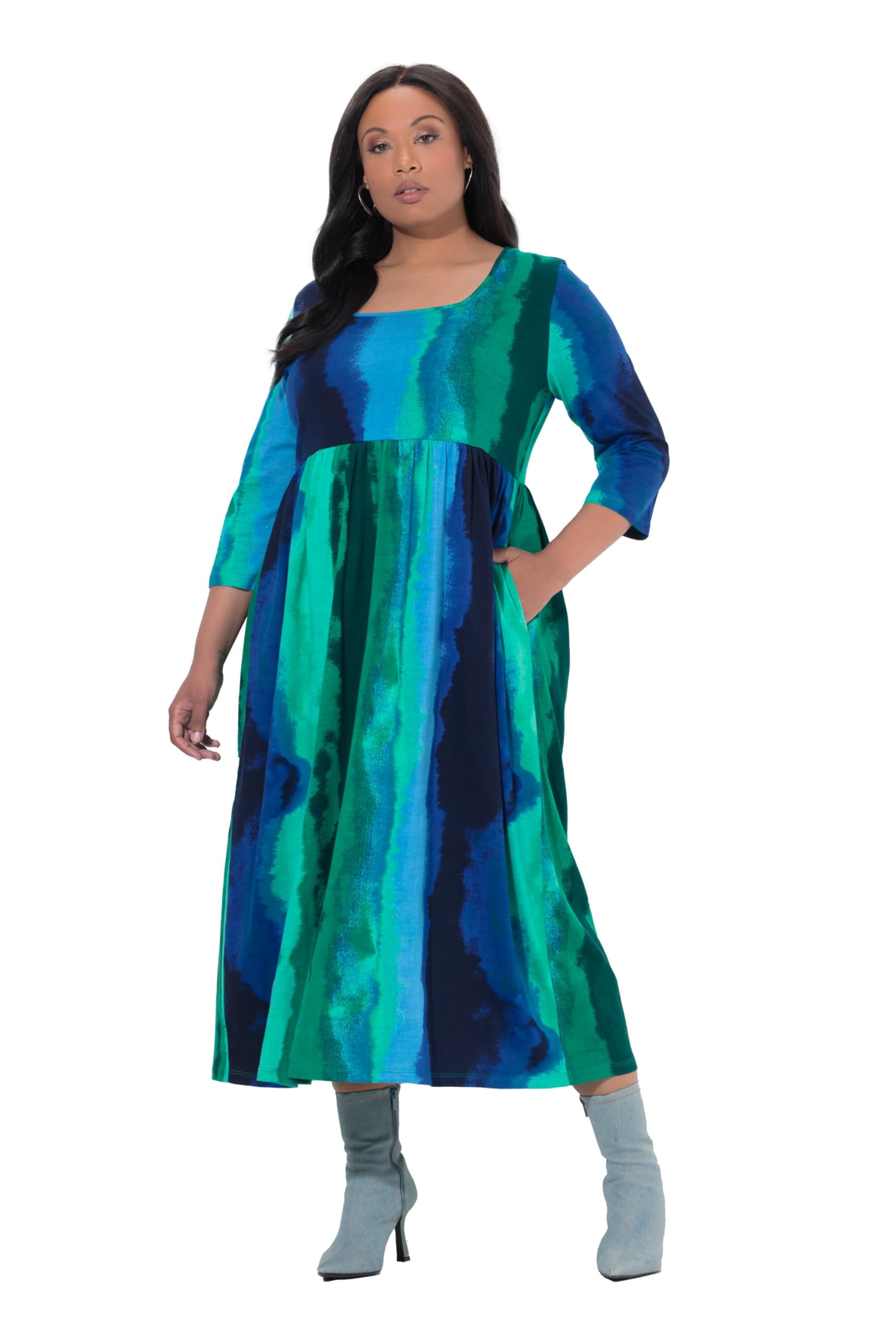 Ulla Popken Damen große Größen Übergrößen Plus Size Maxikleid, Batikmuster, A-Linie, Carré-Ausschnitt, 3/4-Arm 847088