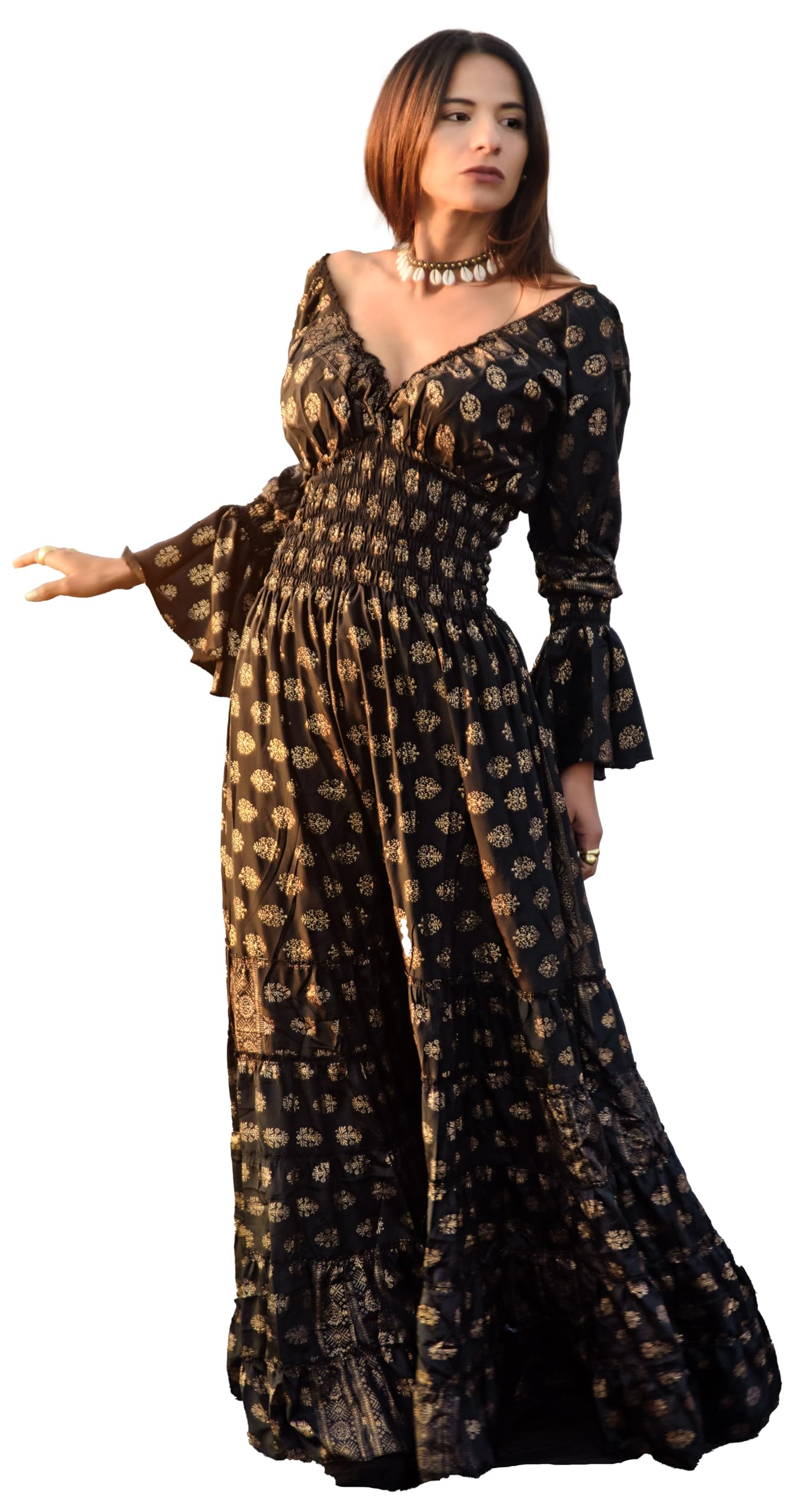 Vestido Boho Chic Sadagold Negro Estampado Dorado, Largo, Mangas largas, Seda, Escote en V