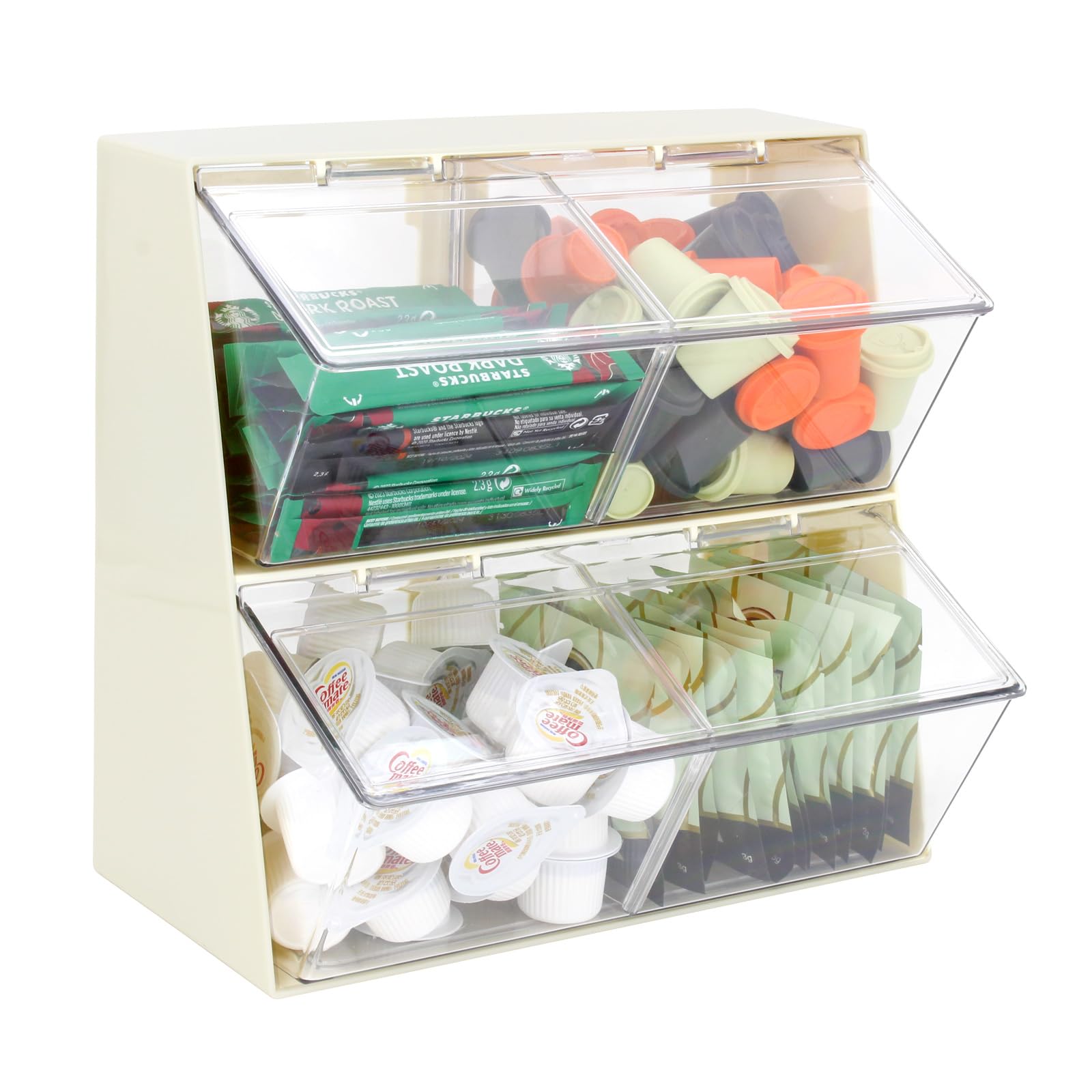 Bokelai Plastic Tea Bag Organizer with Lid - Large Capacity K Cup Holder Countertop Storage Station for Capsule Creamer Sugar Pods Face Mask Organizer Cream/Clear