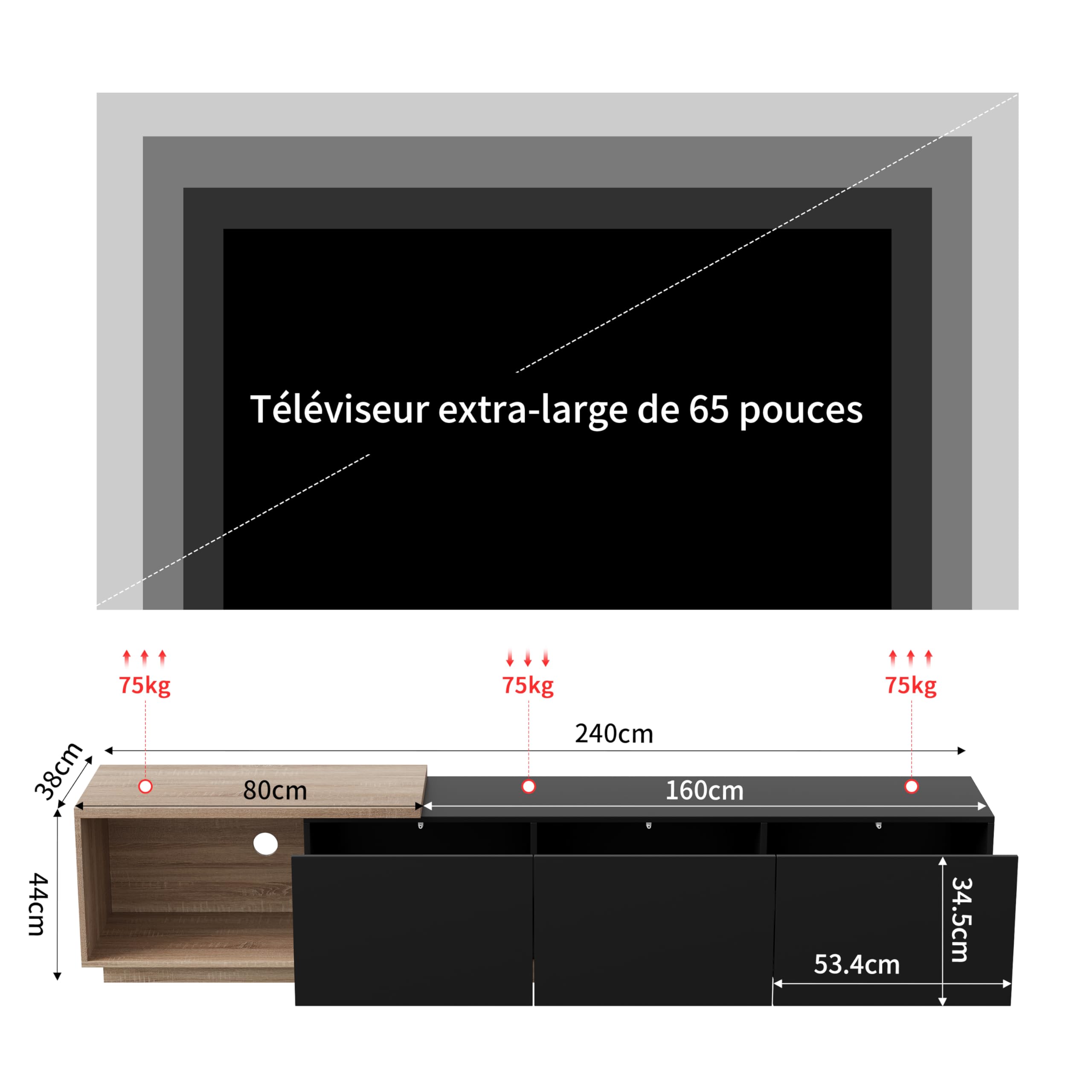 LIVLUX Meuble TV Moderne avec 3 Portes de Rangement et Étagères en Verre Intégrées, Lumières LED Variables, Convient pour Salon ou Chambre (Noir+Ton Bois, 240 x 38 x 44 cm)