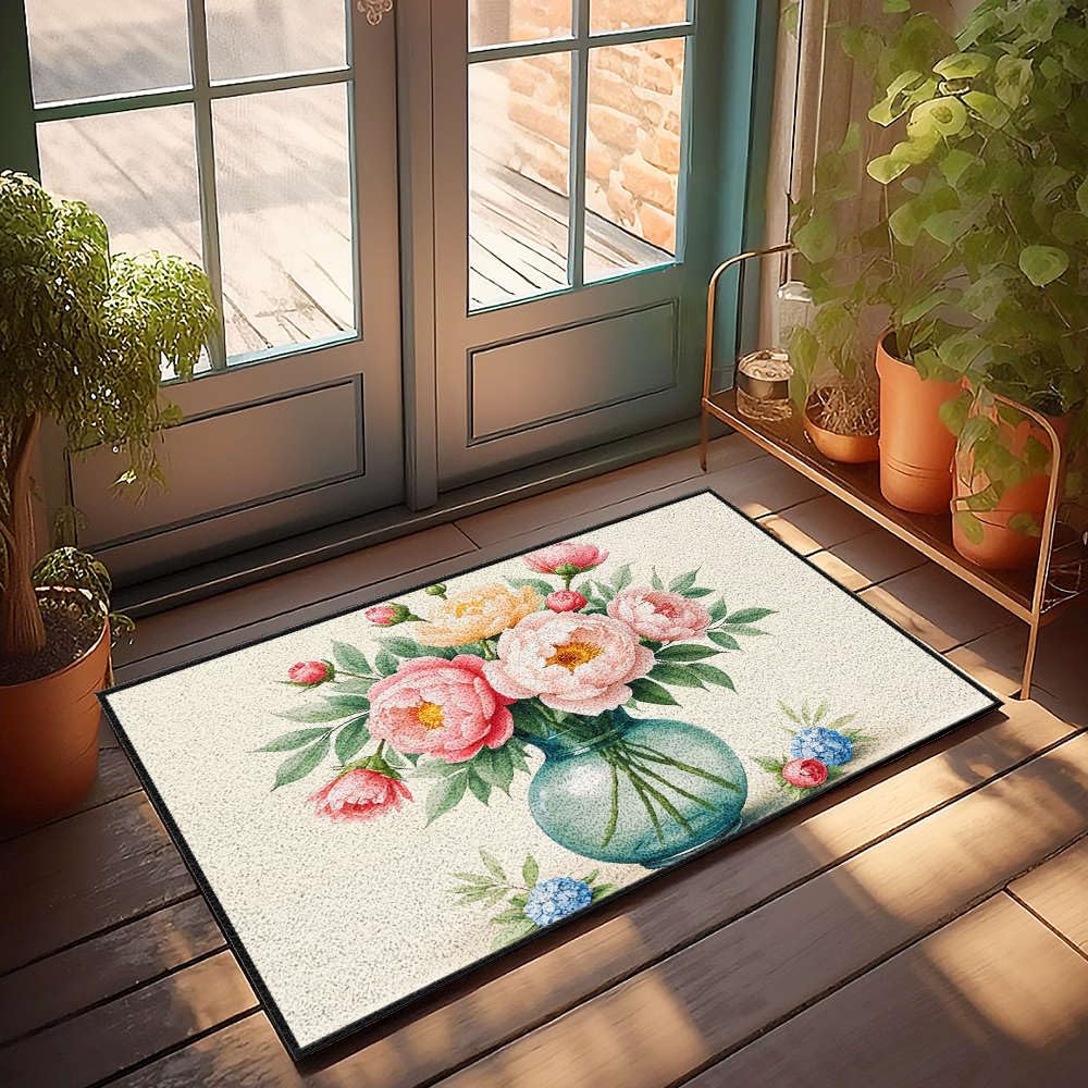 Bouquet de fleurs colorées paillasson décoratif vase bleu pour entrée