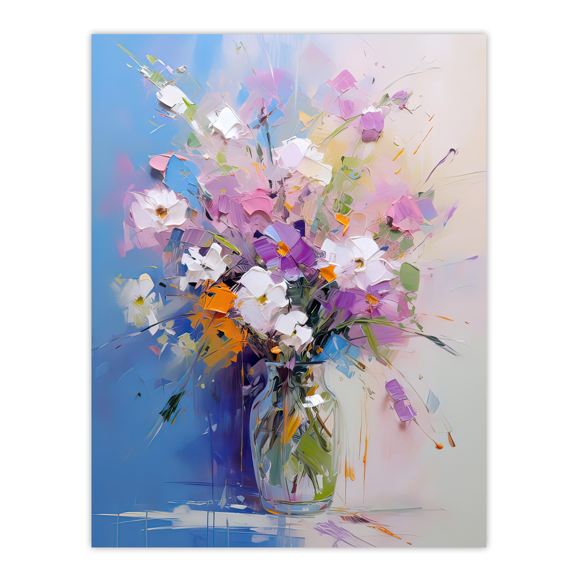 Artery8 Wildflower Bouquet in Glass Vase Oil Painting Palette Knife Pastel Colour Spring Flower Blooms Extra Large XL Wall Art Poster Print