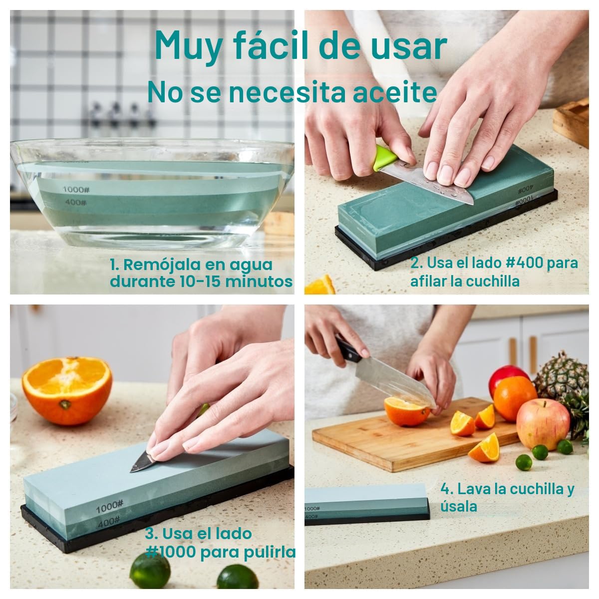 HiramWare, Piedra de afilar cuchillos de gama alta con base de goma antideslizante, de grano 400/1000, afilador manual de doble cara para cuchillos de cocina