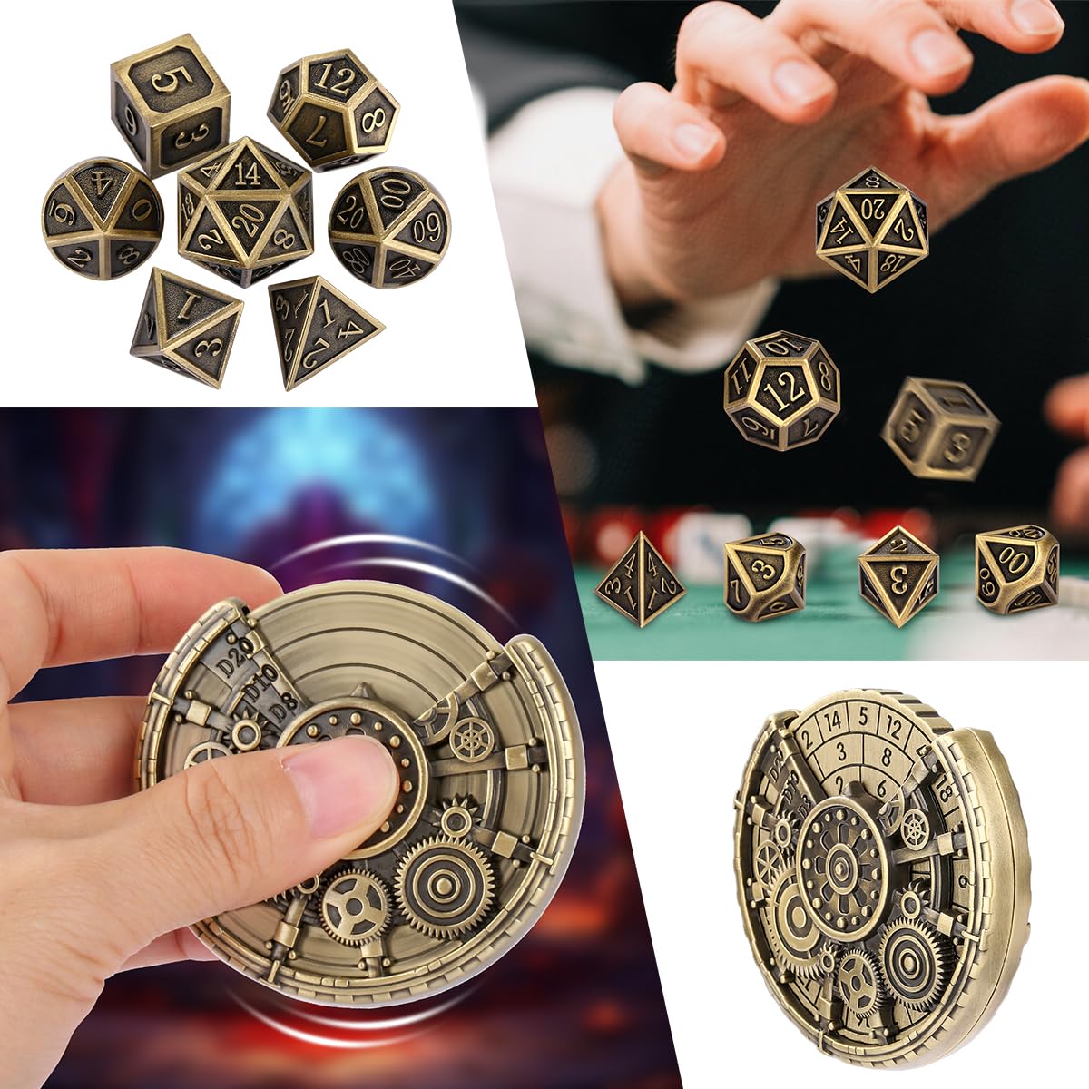 Jeu de Roulette Dés D&D en Métal, 7-en-1 Métallique Engrenage Spinner + 7 Dés DND Polyédriques en Métal, Cadeaux D&D avec Boîte Cadeau, RPG, MTG, Jeux de Tableau, Accessoires pour Jeux de Rôle, Bronze