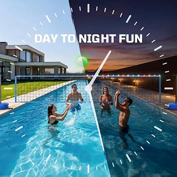 Haokelball Pool Volleyball Net with Light, Pool Volleyball Set 15–32 FT Length Adjustable Volleyball Net for Pool with Weighted Base, 2 Glow Volleyballs and Pump for Outdoor Pool Play