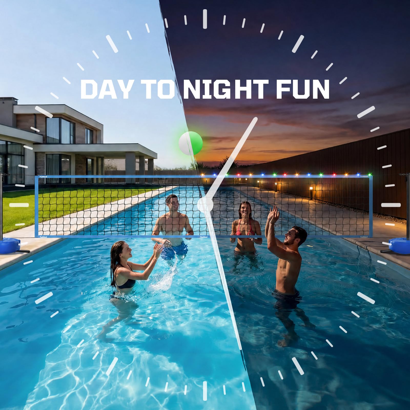 Haokelball Rete da pallavolo da piscina con luce, set da pallavolo da 4,5 a 9,5 m, lunghezza regolabile, rete da pallavolo per piscina con base ponderata, 2 palline da pallavolo Glow e pompa per