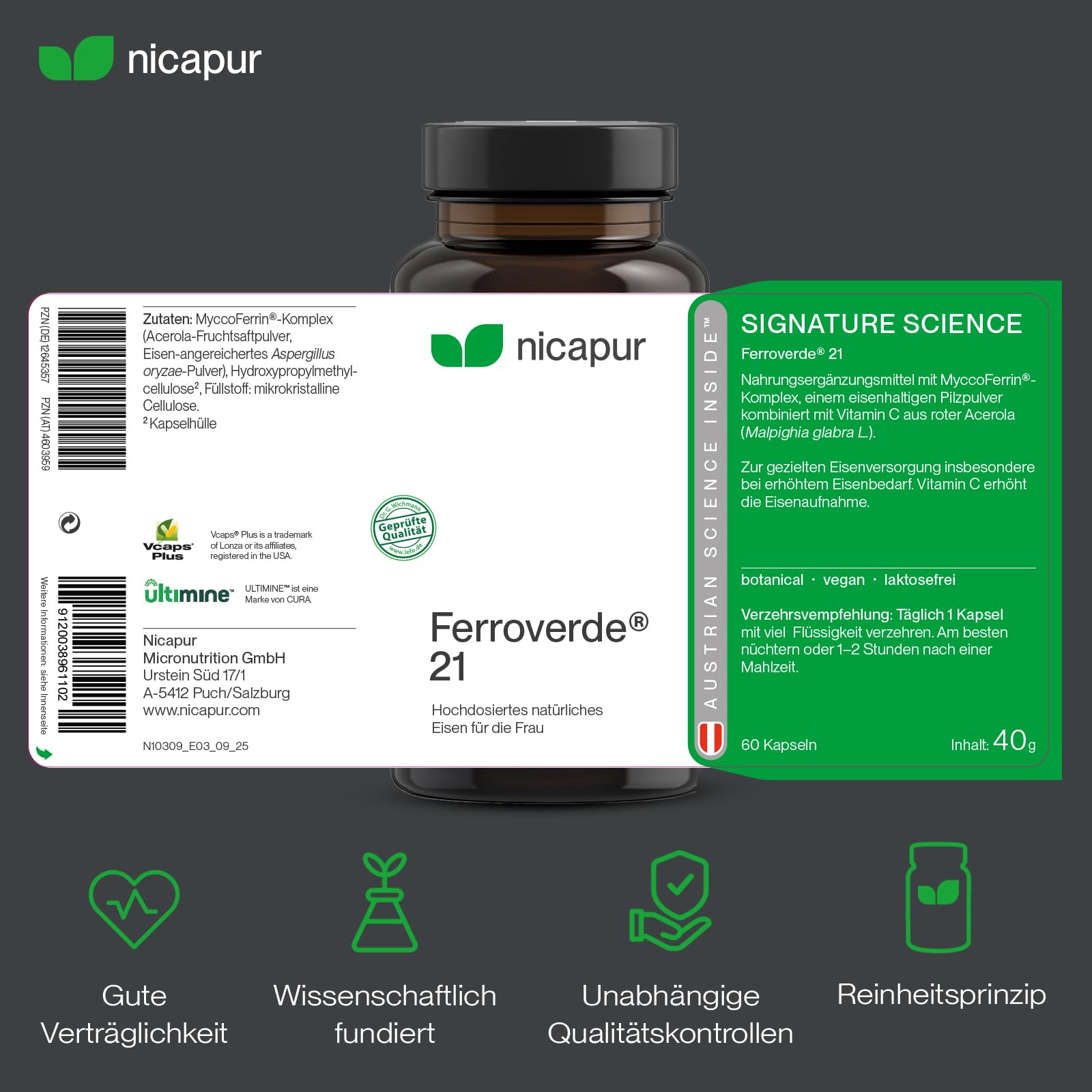 nicapur Ferroverde 21 – 21 mg hochdosiertes Eisen mit Vitamin C aus roter Acerola – 60 Kapseln, vegan, laktosefrei & laborgeprüft