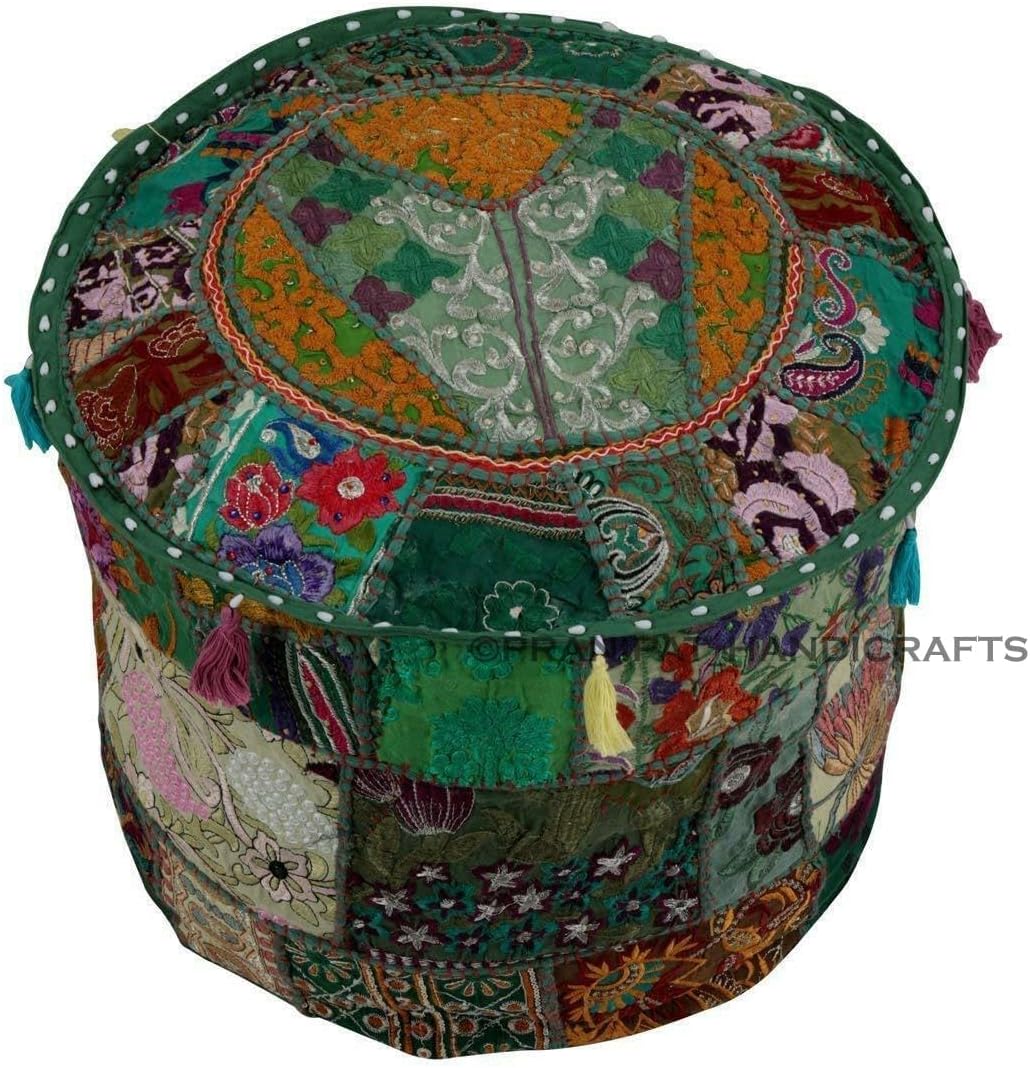 Vintage Patchwork 22" inch Round Ethnic Pouf Cover Ottoman Stylish Footstool Embroidered Mudda Cover (Red)