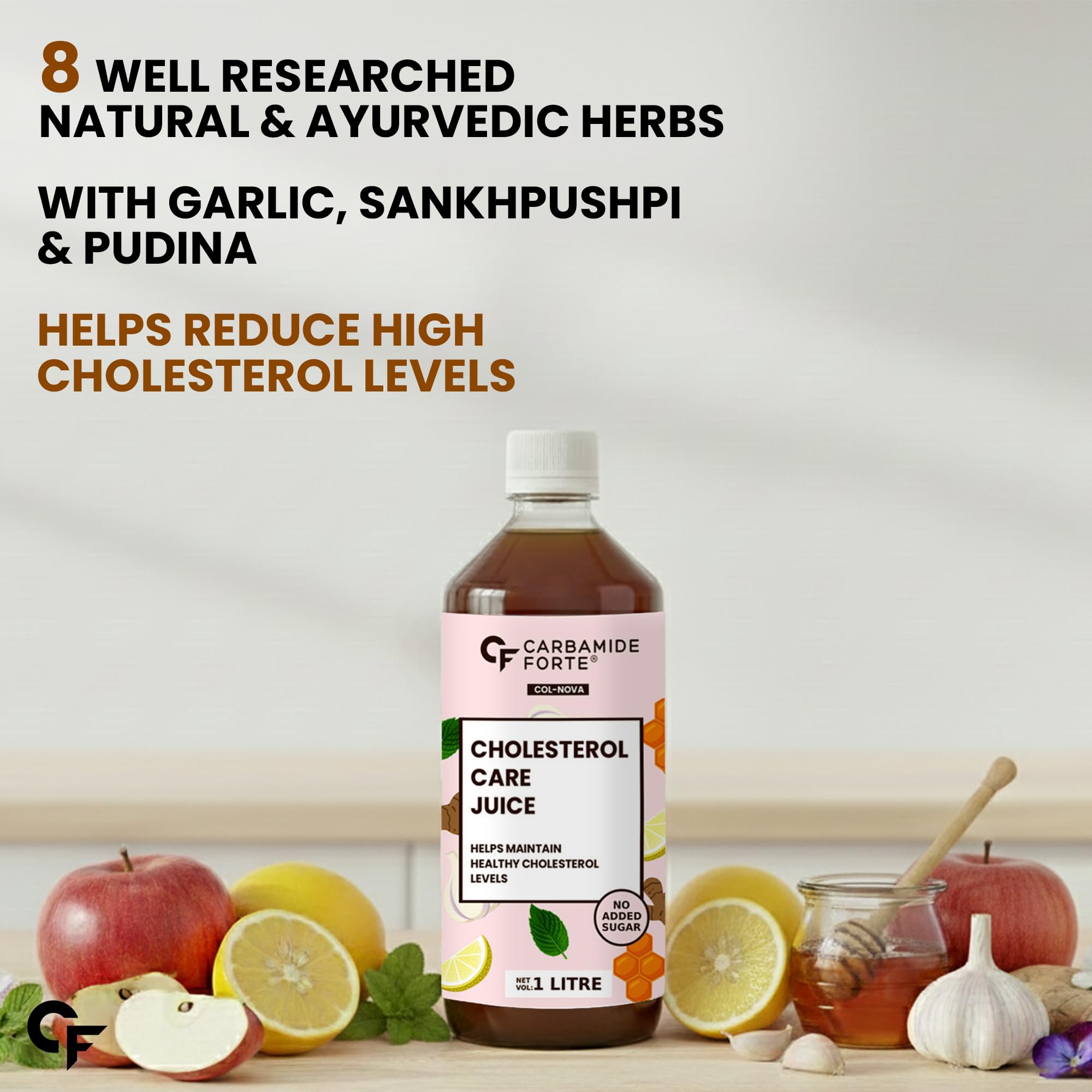 Carbamide Forte Ayurvedic Cholesterol Care Juice - 1L | Cholestrol Juices that Contains Honey, Apple Cider Vinegar, Ginger, Garlic; Helps In Digestion | Sugar free Cholesterol Care Juice 1000 ml