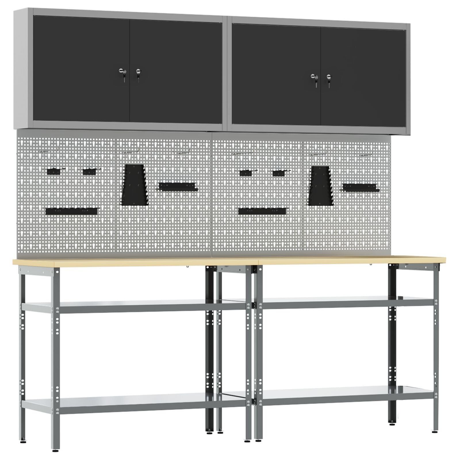 vidaXL Industrial Tools Wall Panel Set Grey Steel Storage Solution with Brackets Hooks for Workshops and Garages Six Pieces 100 x 50 60 cm Heavy Organisation Garage Workshop Shelves