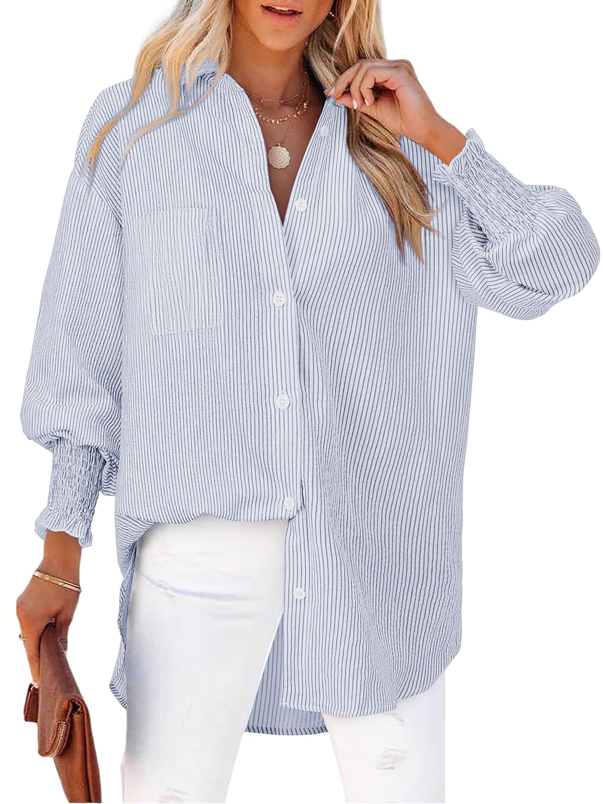 Cuptacc Bluse Damen Elegant V Ausschnitt Langarm Knöpfen Blusen Damen Gestreifte Brusttasche Oberteile