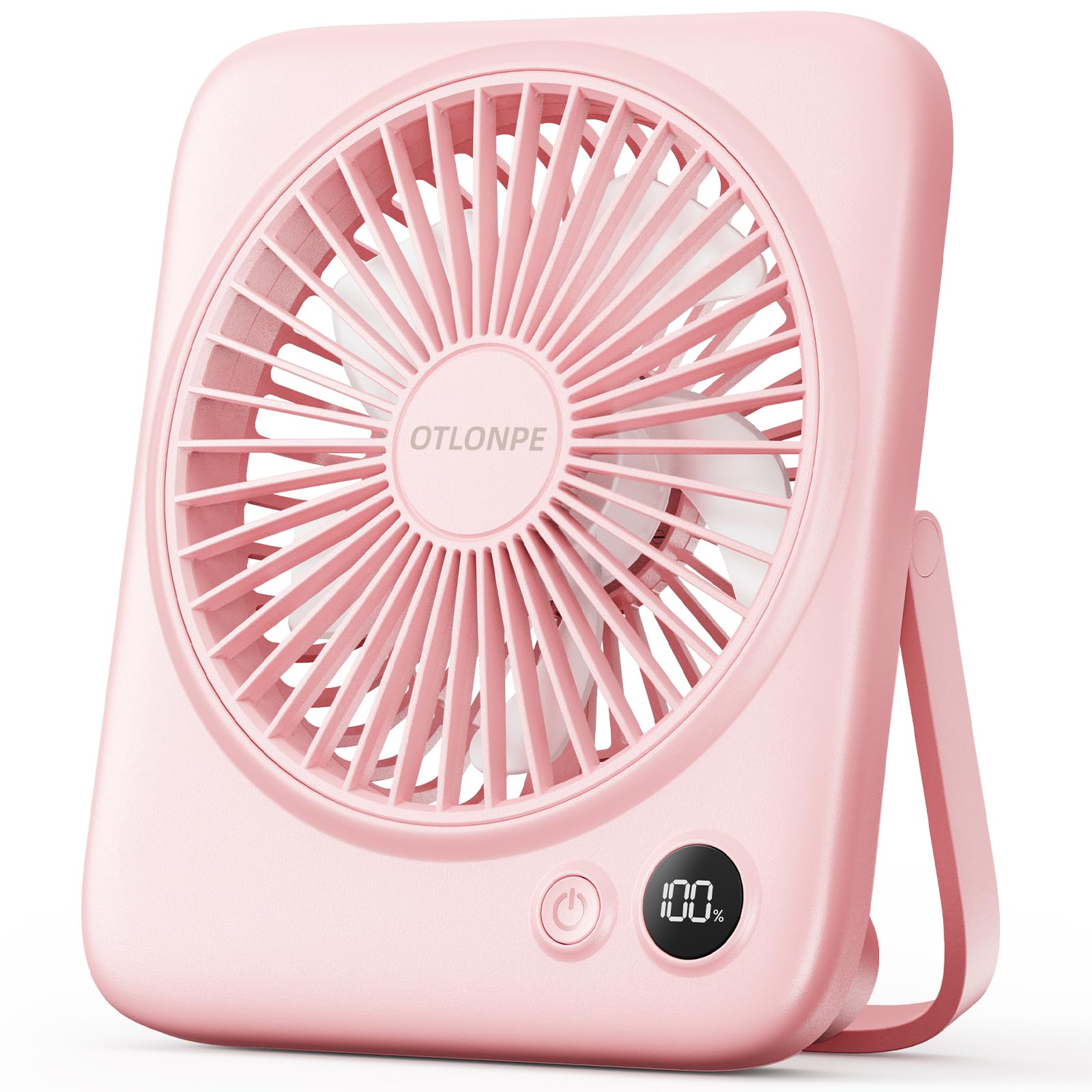 Otlonpe Desk Fan, Rechargeable Portable Fan Slim Quiet, 4000mAh Small Personal Table Fan Battery Operated 7.5-22H, Power Bank, 4 Speeds, 180° Foldable Desktop Fan for Travel Home Office Outdoor, Pink