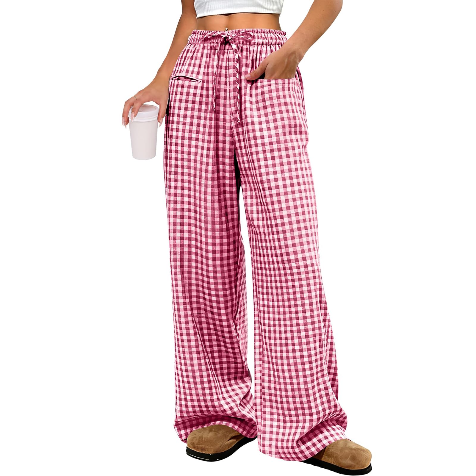 Pantalon fluide femme été à carreaux ample et léger chic